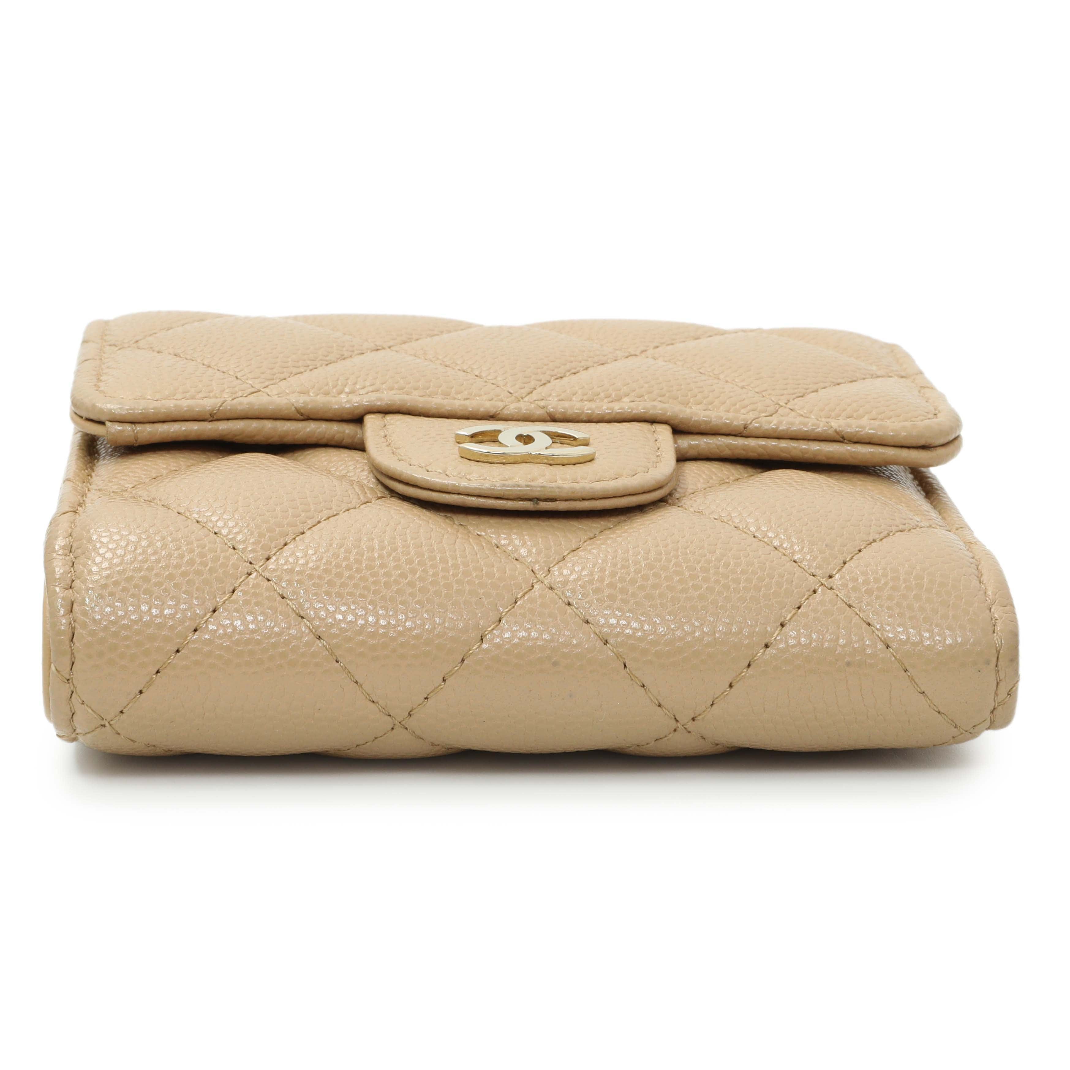 Chanel Beige Quilted Caviar Tri-Fold Wallet