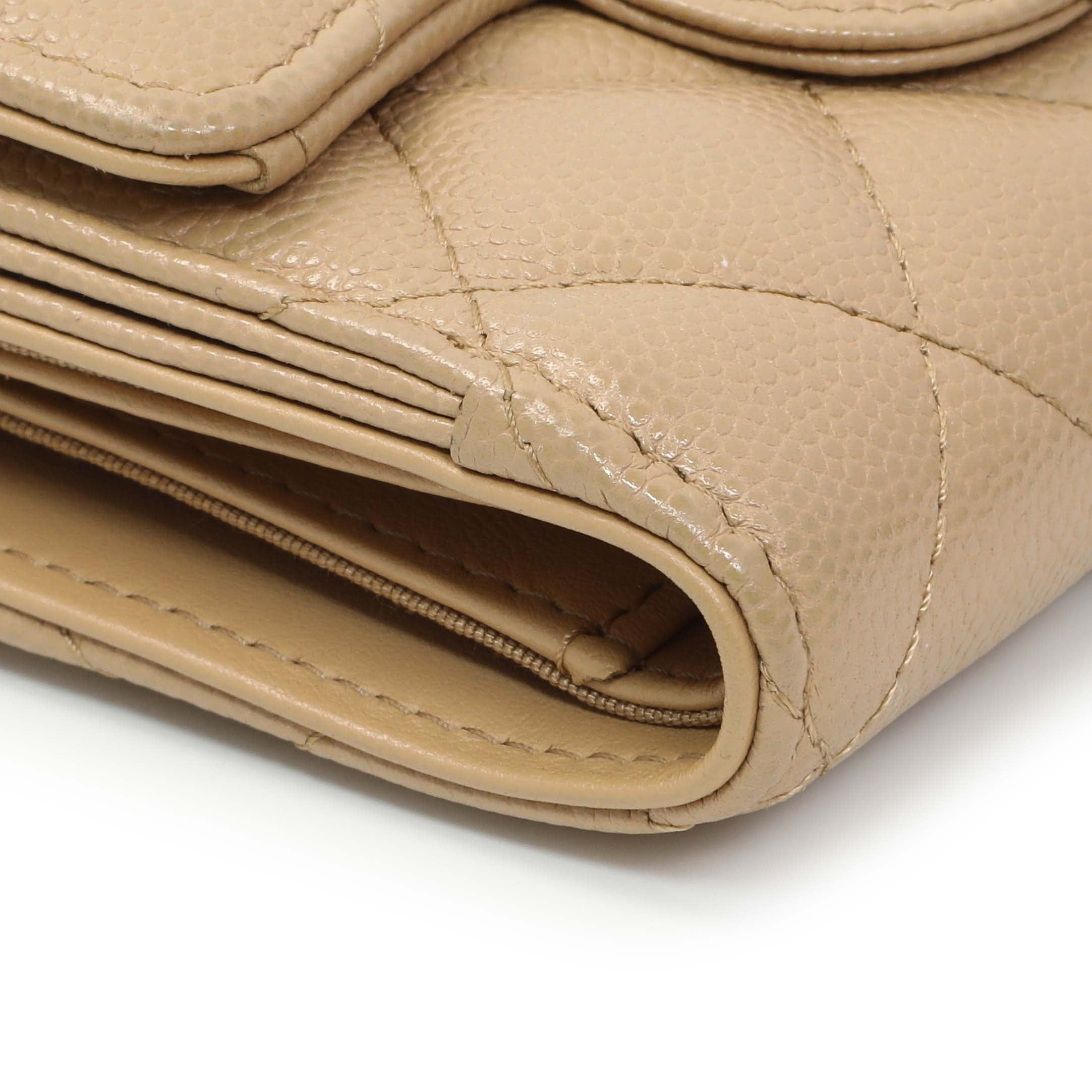 Chanel Beige Quilted Caviar Tri-Fold Wallet