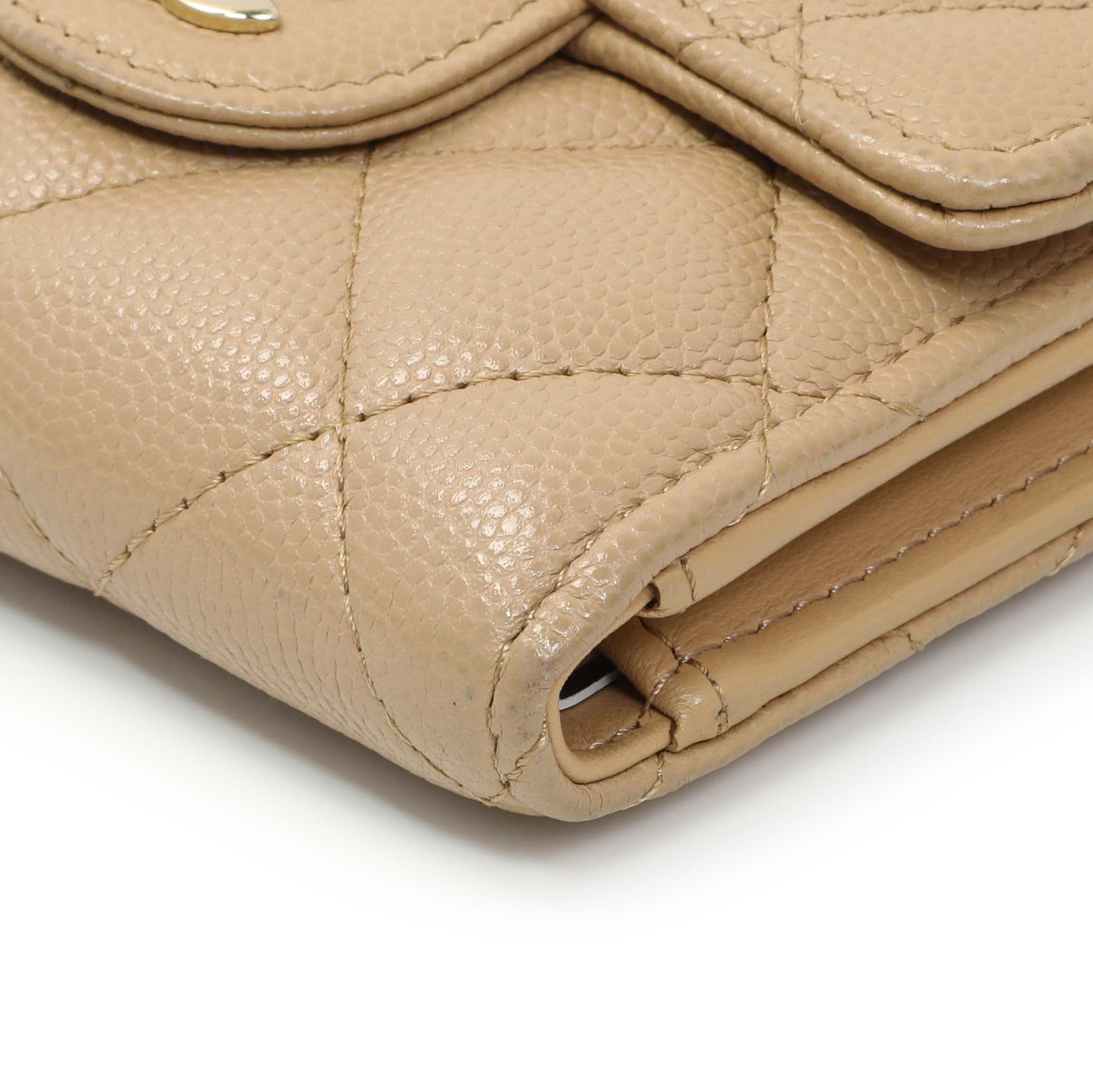 Chanel Beige Quilted Caviar Tri-Fold Wallet