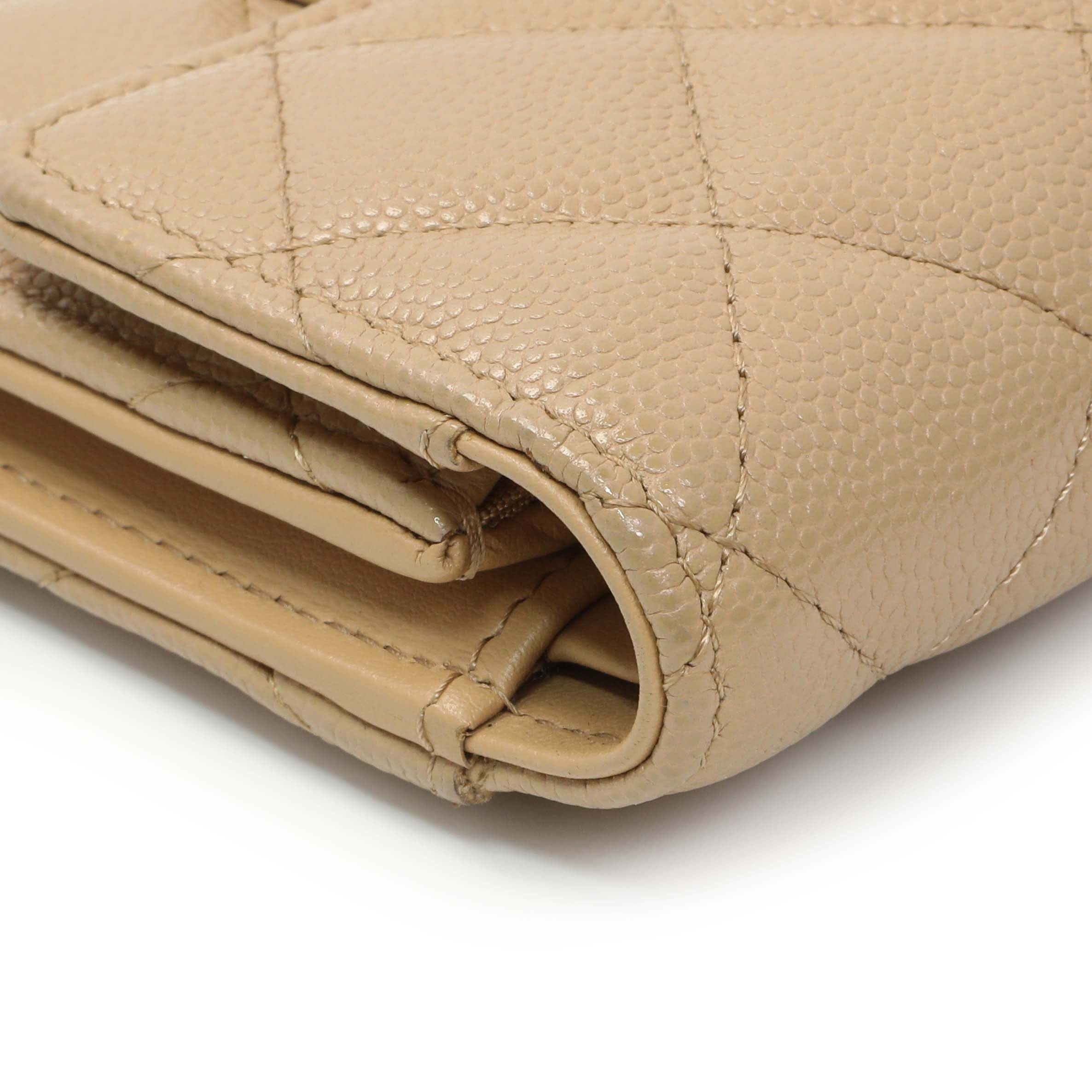 Chanel Beige Quilted Caviar Tri-Fold Wallet