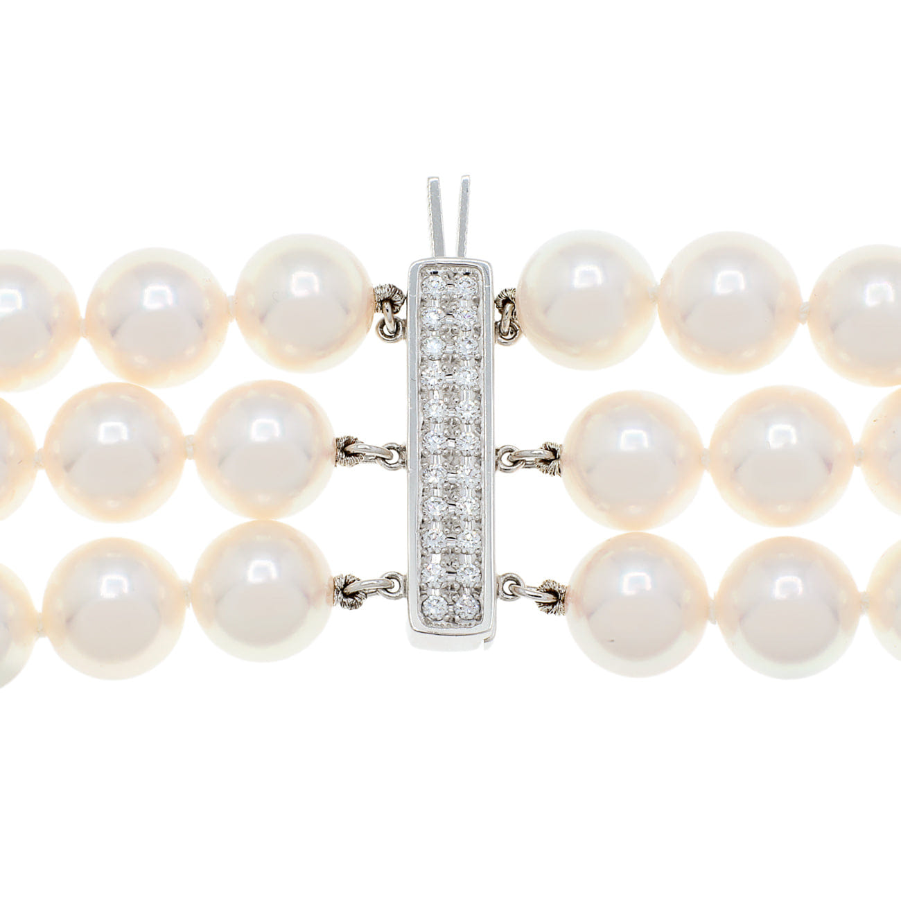 Mikimoto 18K White Gold Diamond Pearl Triple Strand Necklace