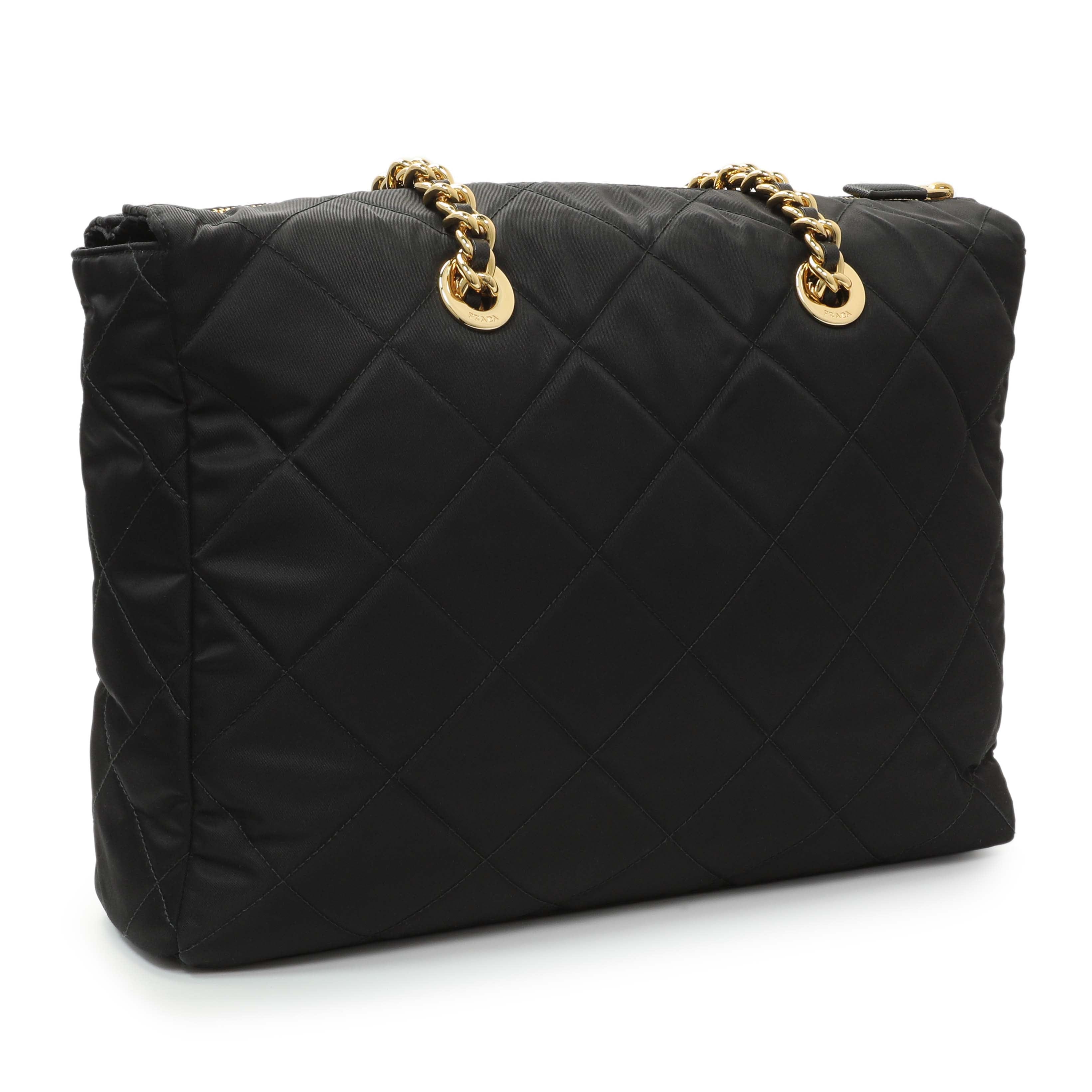 Prada Black Re-Nylon Triangle Stitched Re-Edition 1995 Chaine Large Shoulder Bag