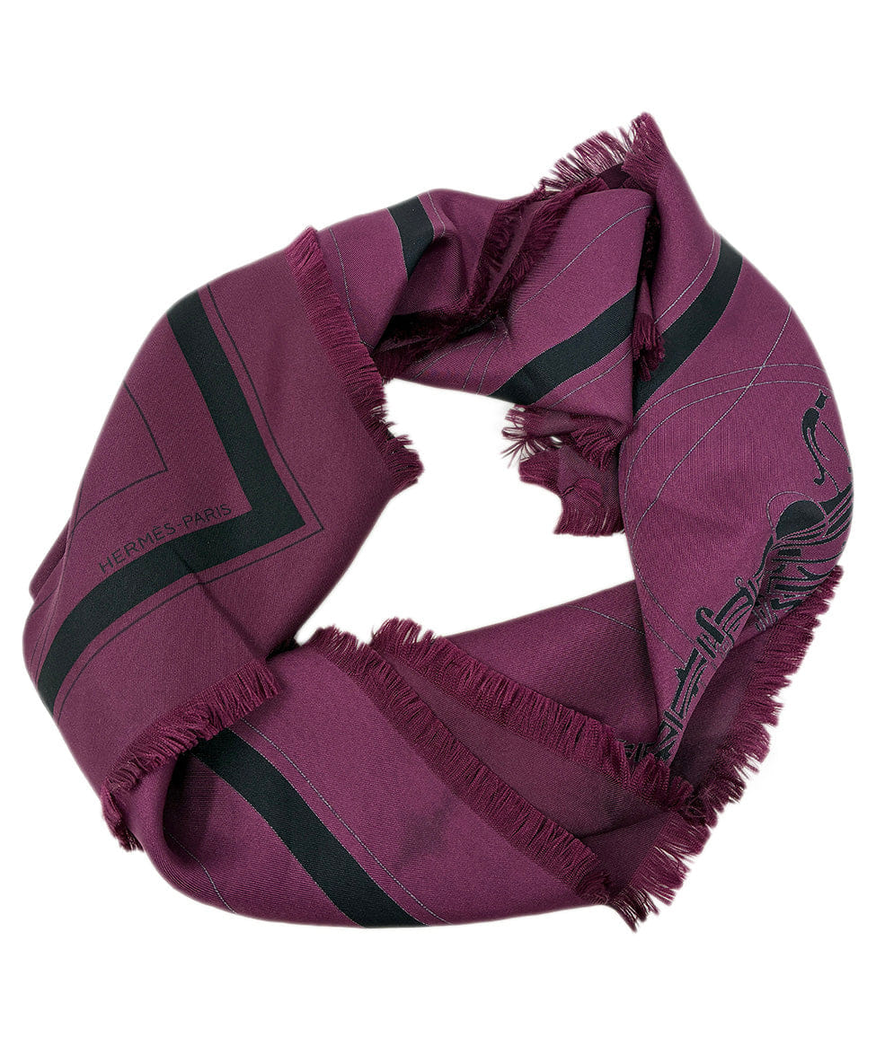 Hermes Purple w/ Black Horse Carriages Silk Scarf