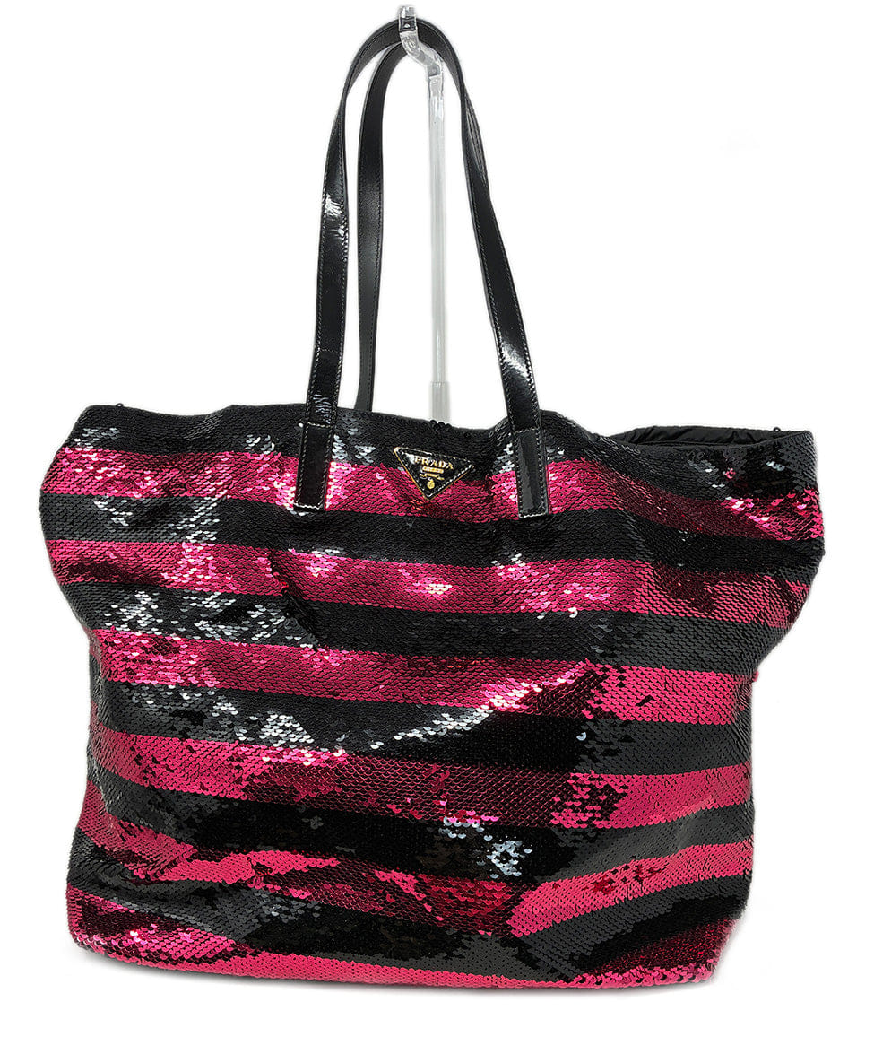 Prada Black and Pink Striped Sequin Tote Handbag