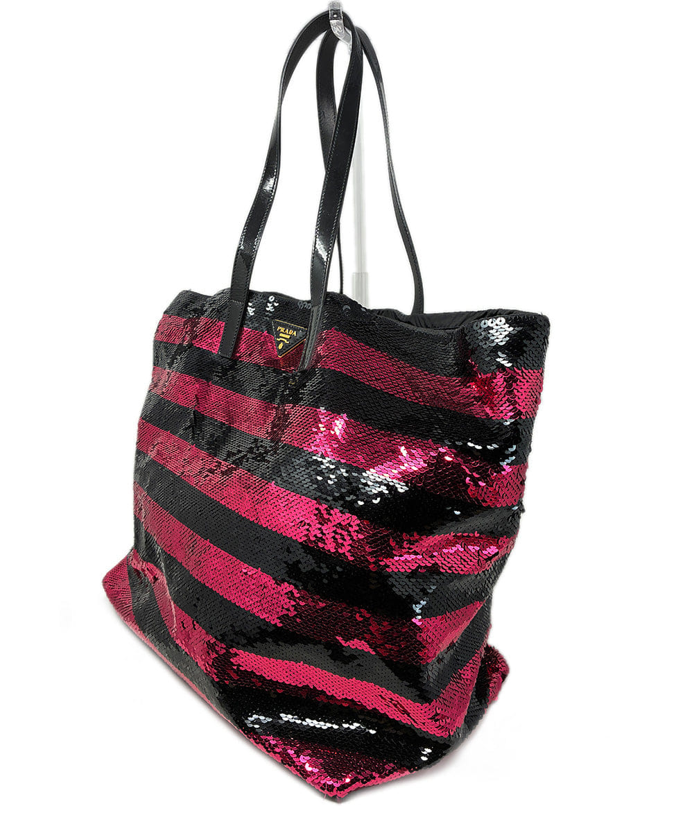 Prada Black and Pink Striped Sequin Tote Handbag
