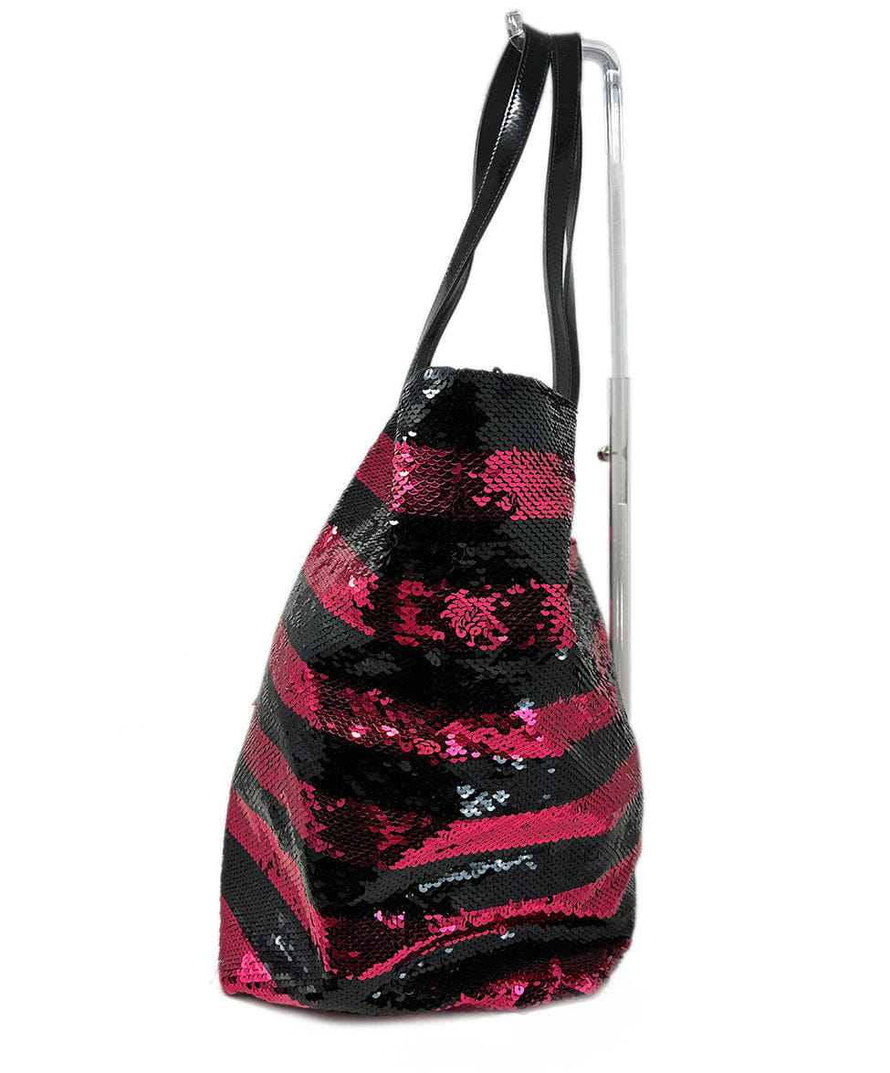 Prada Black and Pink Striped Sequin Tote Handbag