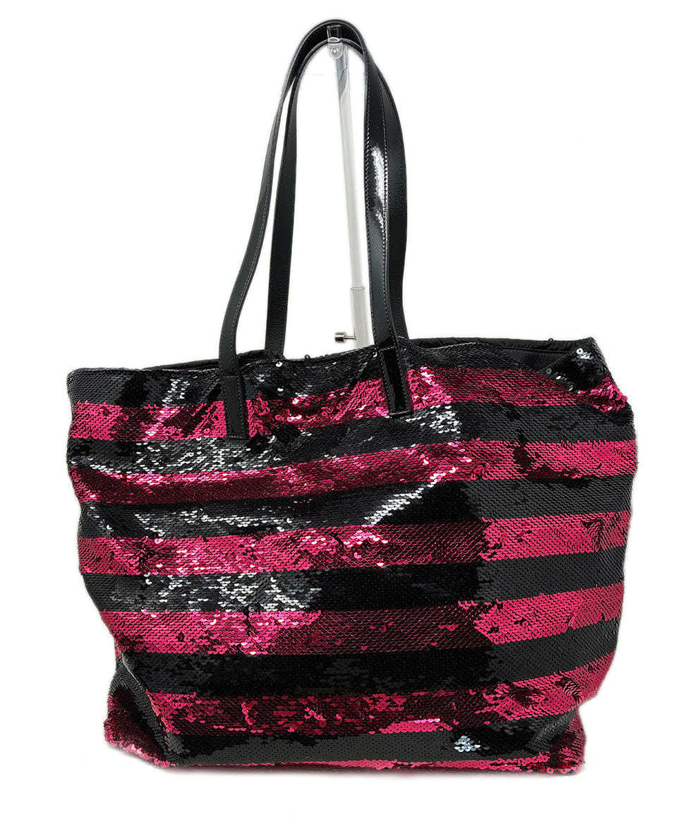 Prada Black and Pink Striped Sequin Tote Handbag