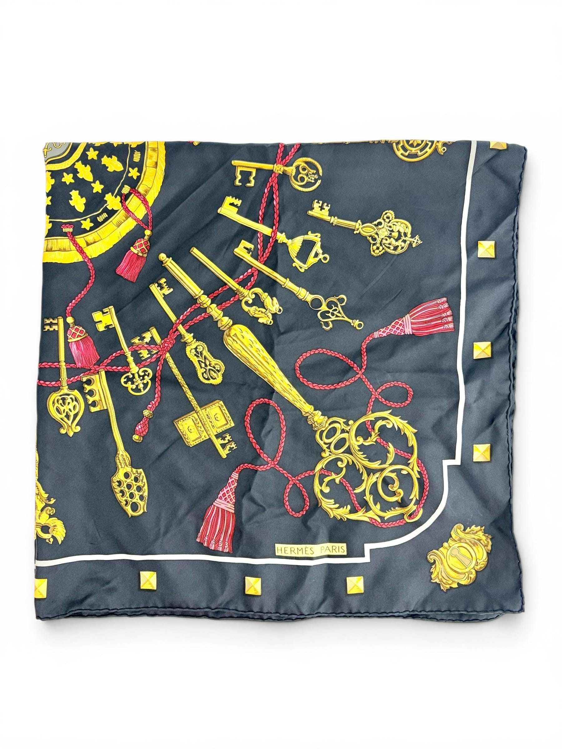 Hermes 90cm Black and Gold 100% Silk Scarf