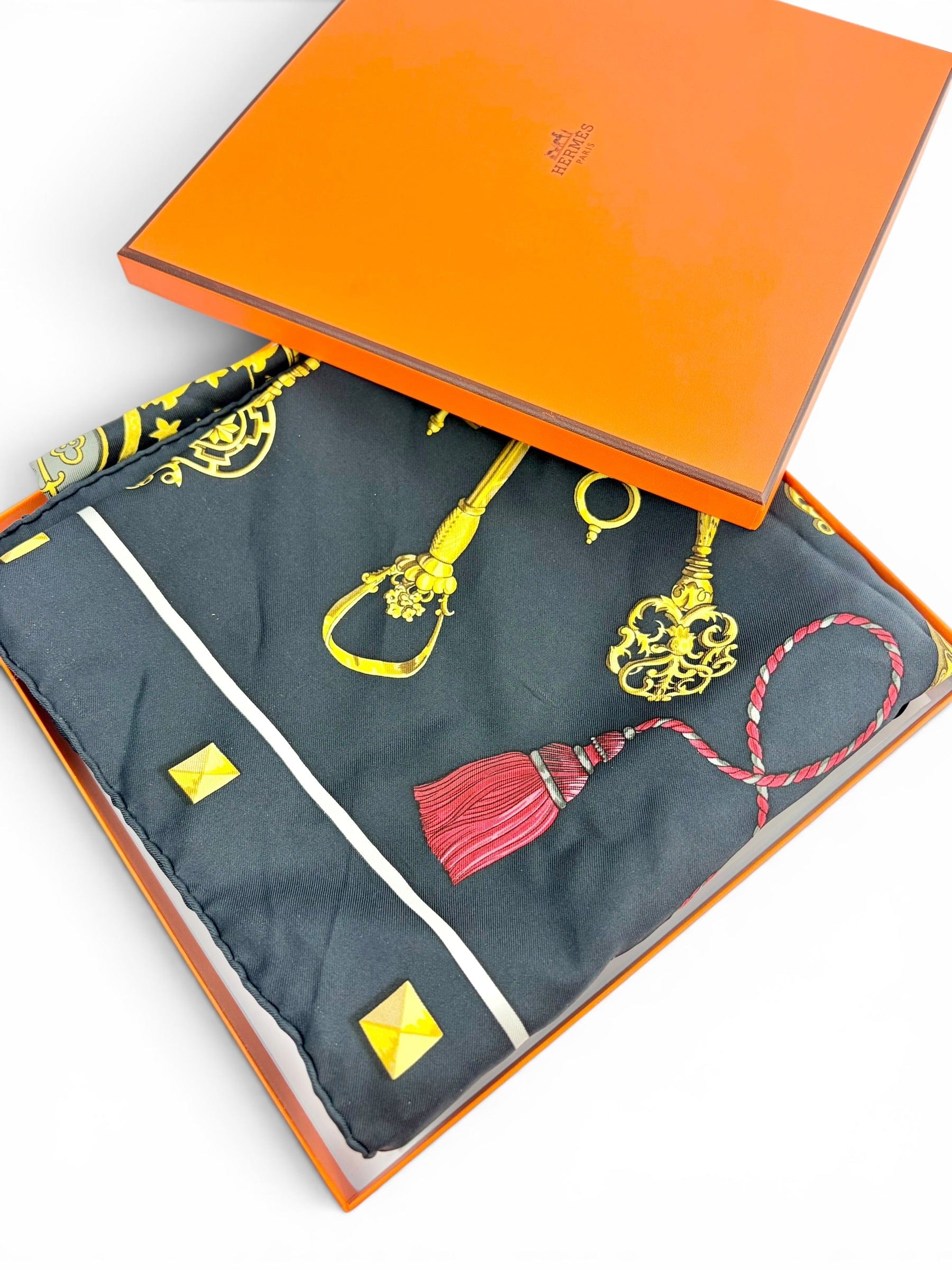 Hermes 90cm Black and Gold 100% Silk Scarf