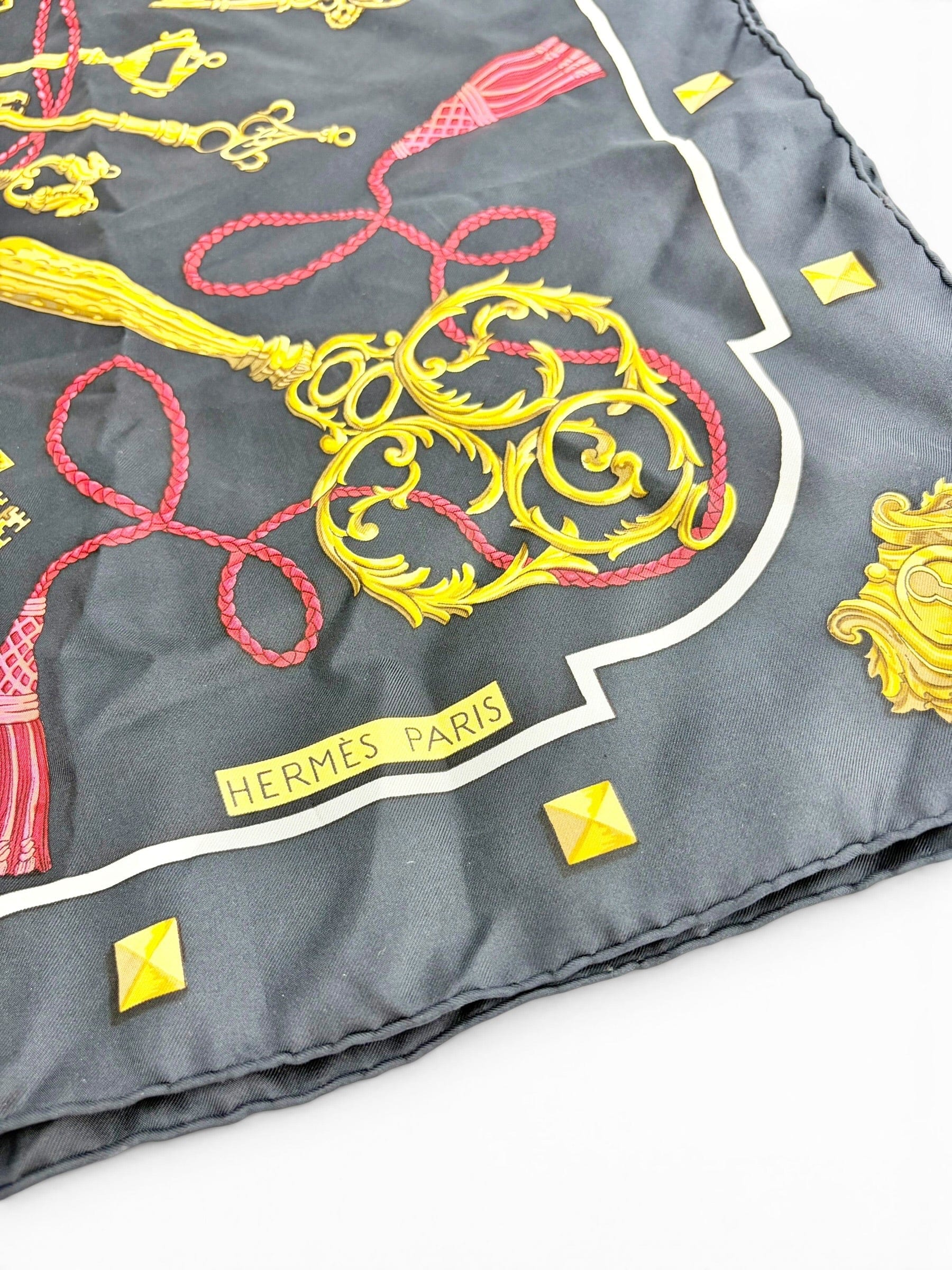 Hermes 90cm Black and Gold 100% Silk Scarf