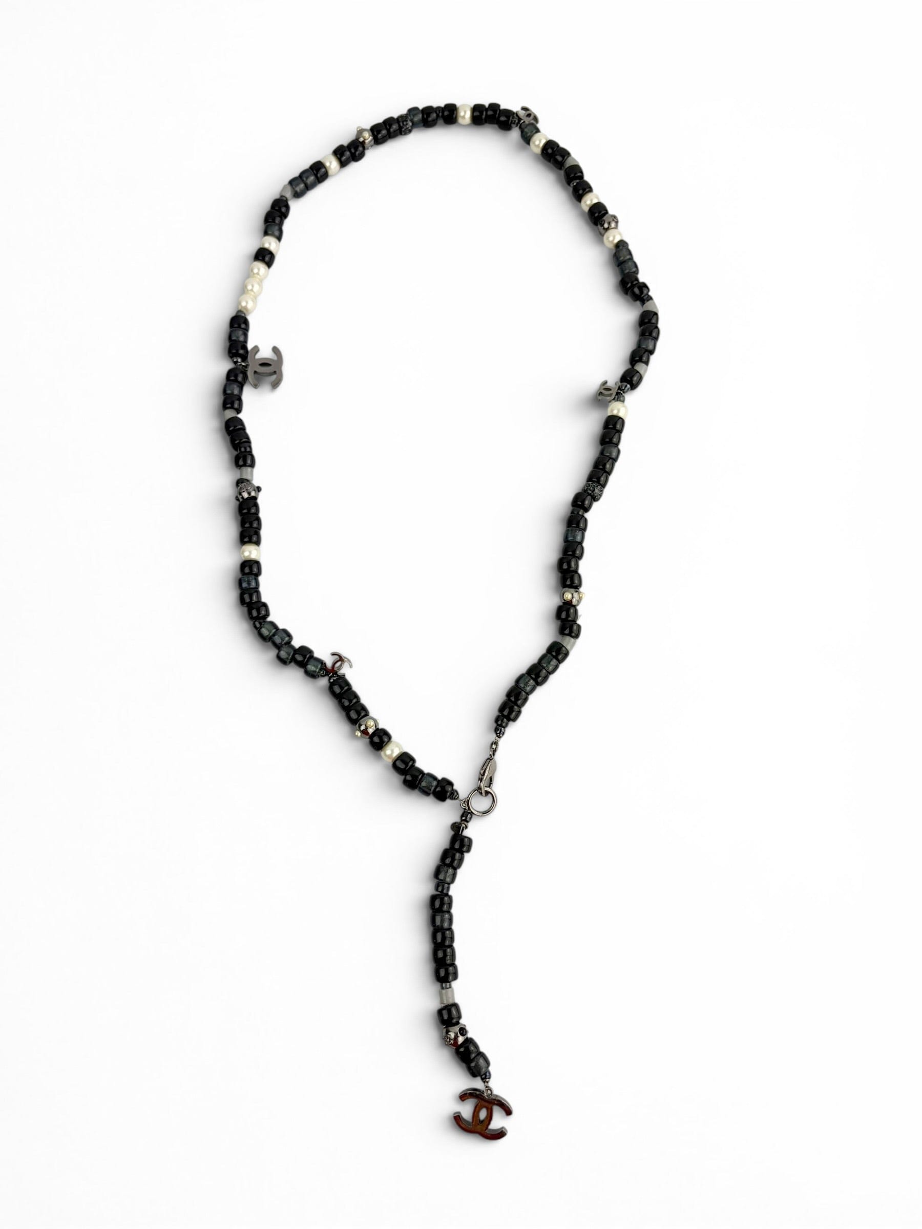Chanel Black Beaded Lariat Necklace