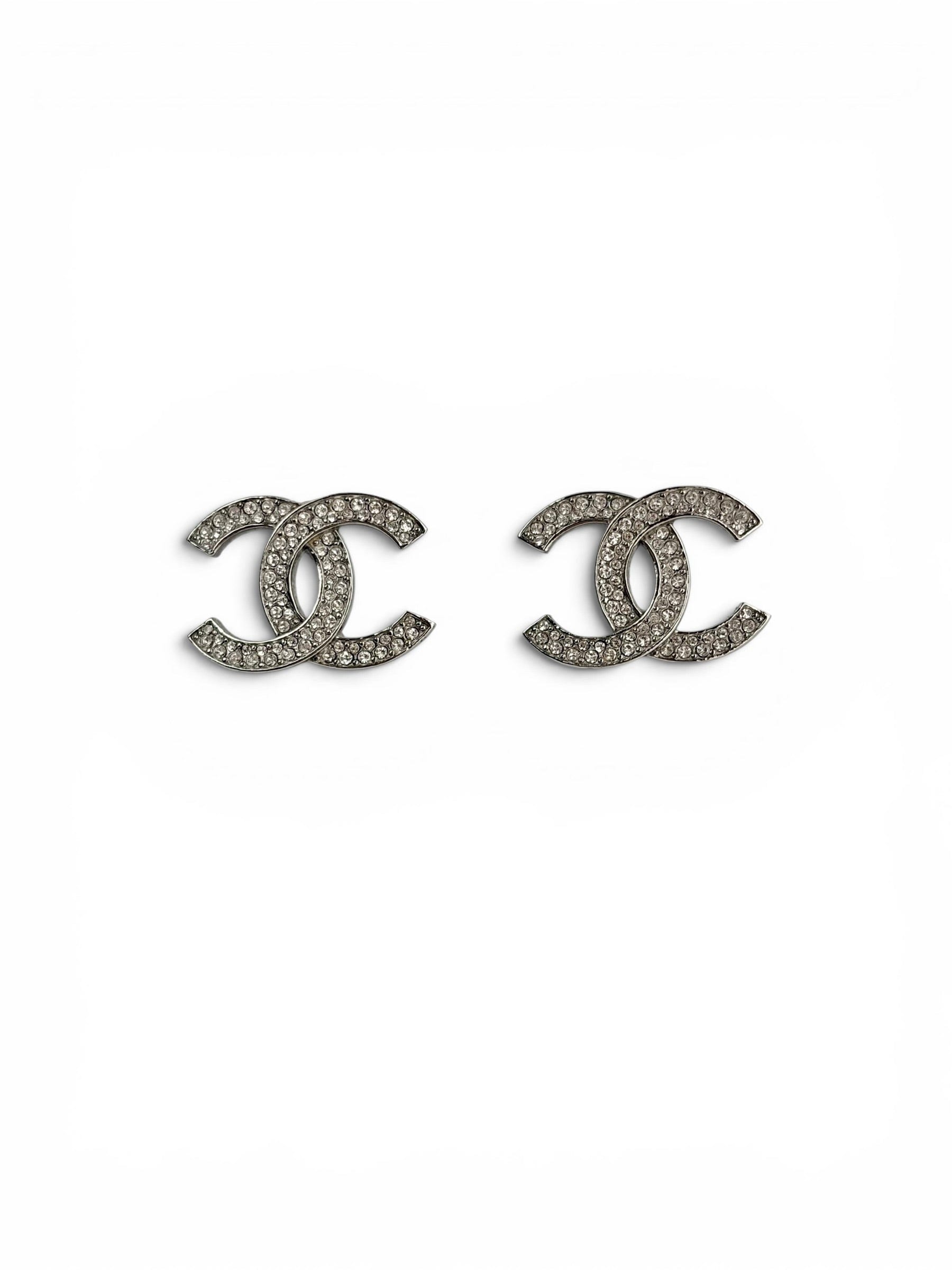 Chanel Silver Crystal Stud CC Earrings