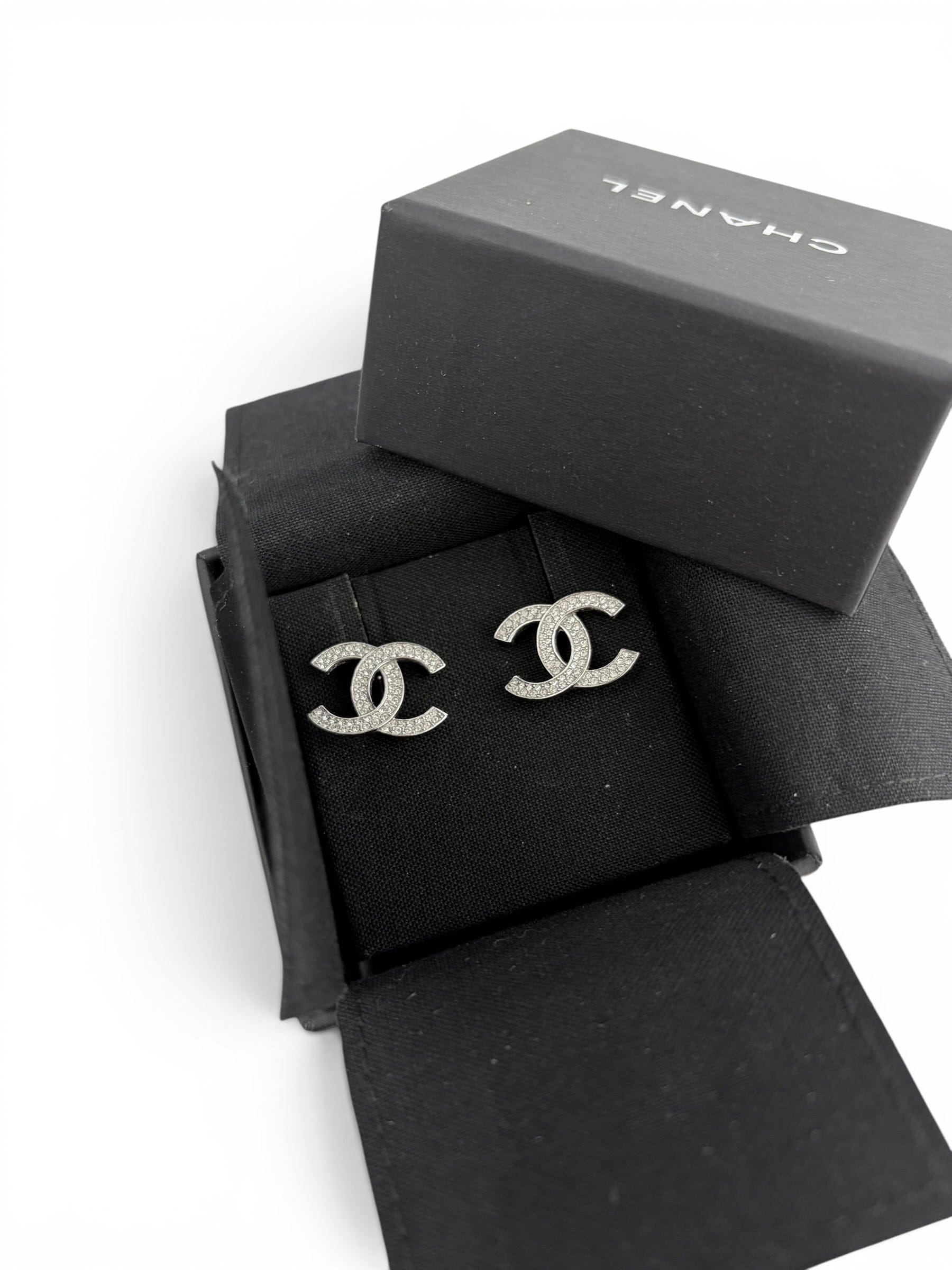 Chanel Silver Crystal Stud CC Earrings