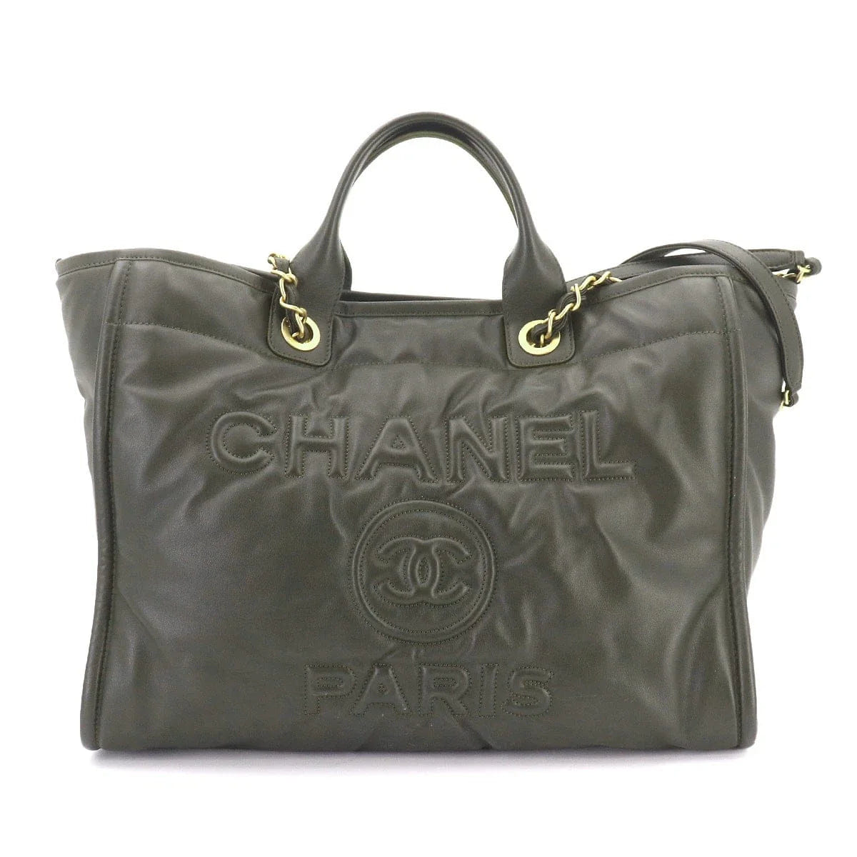 CHANEL Deauville GM Tote Chain Shoulder Bag Leather khaki Purse 90325433