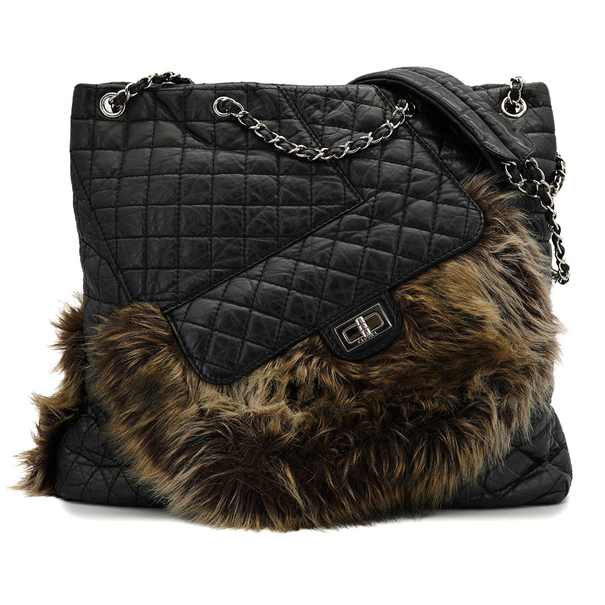 CHANEL 2.55 FAUX FUR CHAIN HAND SHOULDER BAG BLACK LEATHER SILVER HARDWARE 90328471
