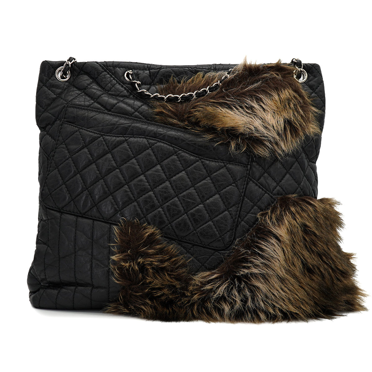 CHANEL 2.55 FAUX FUR CHAIN HAND SHOULDER BAG BLACK LEATHER SILVER HARDWARE 90328471