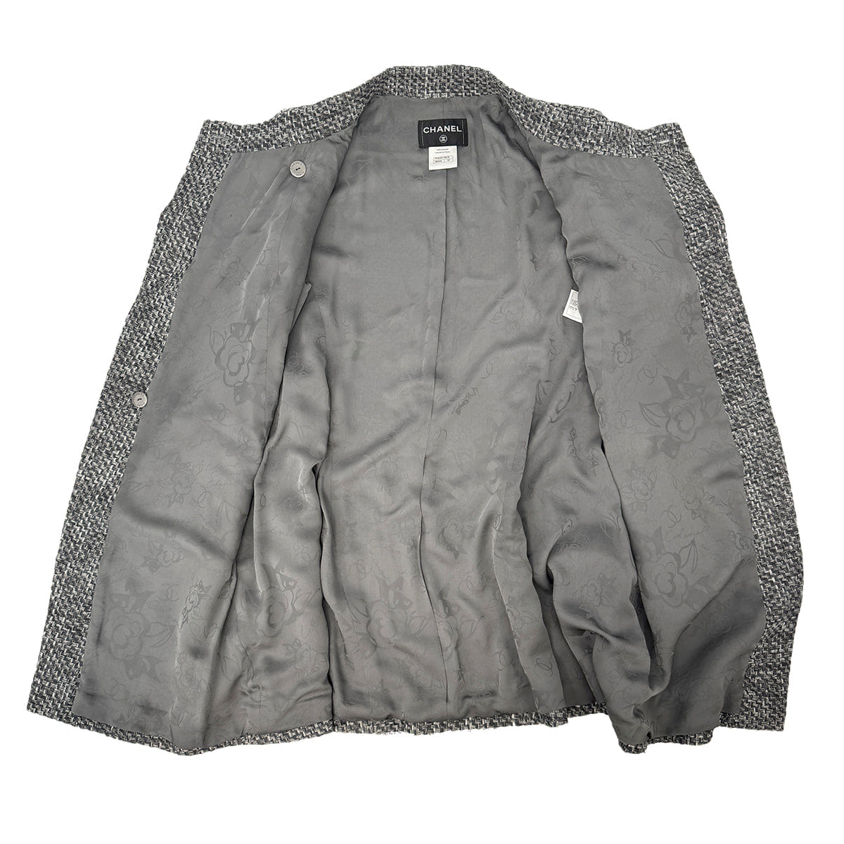 CHANEL CAMELLIA COCO BUTTON TWEED JACKET GRAY NYLON 50 P51 RTW 90303319
