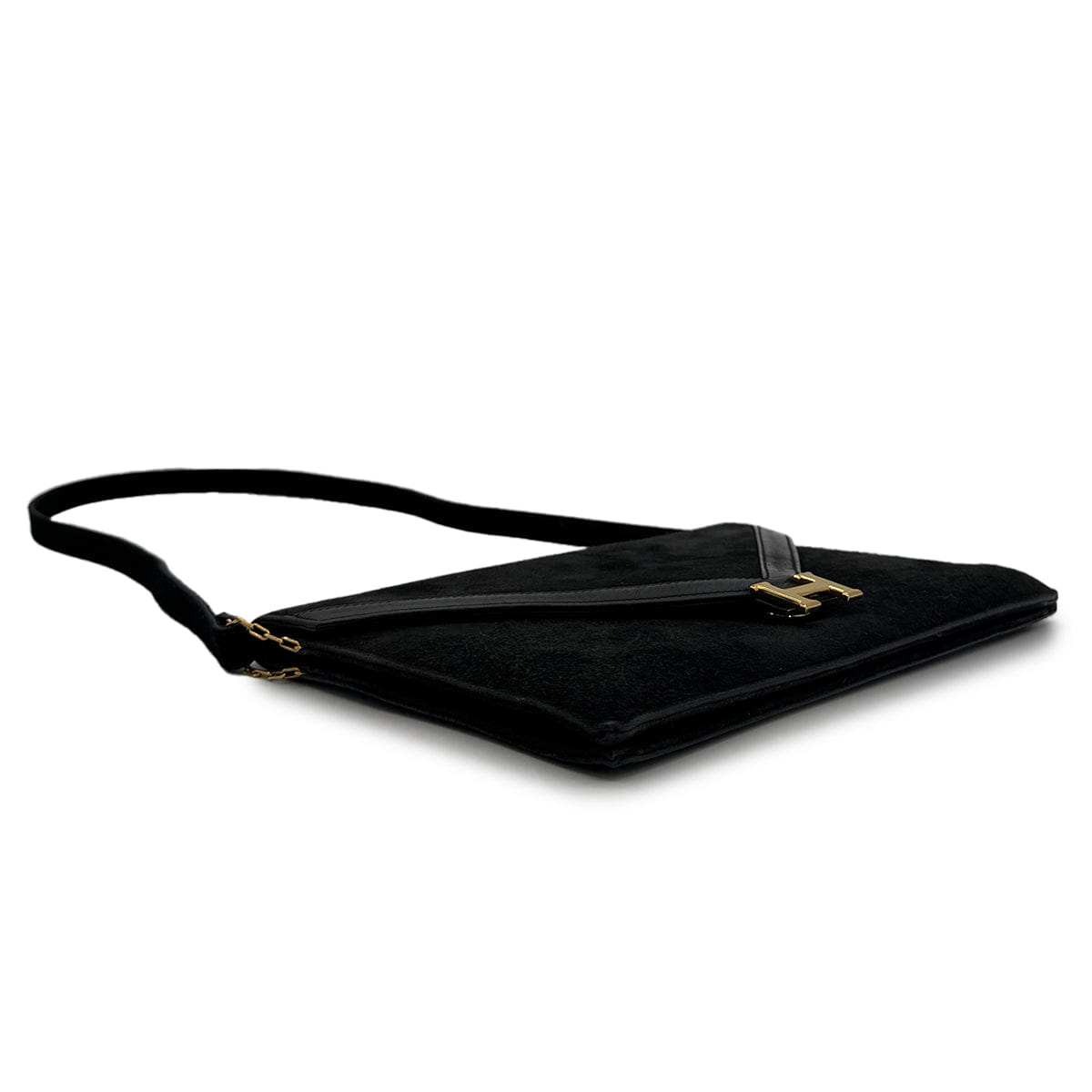 HERMES LYDIE BLACK DOBLIS CLUTCH SHOULDER BAG 1976 CIRCLE F GOLD HARDWARE 90325346