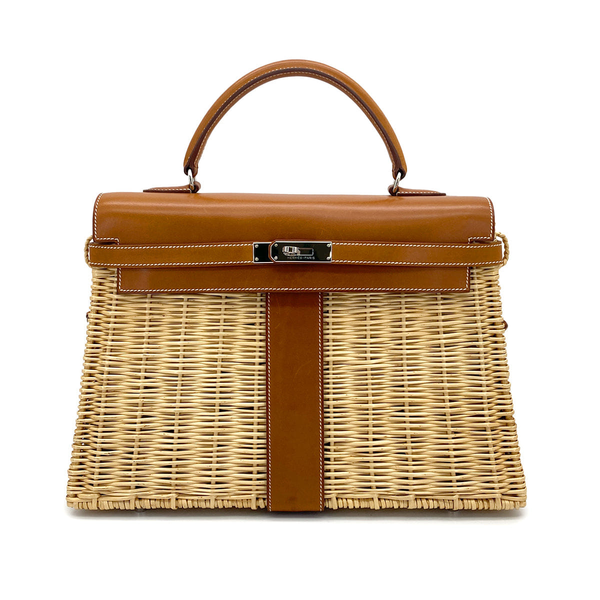 HERMES KELLY PICNIC 35 FAUVE VEAU BARENIA RATTAN HAND BAG 2011 SQUARE O PALLADIUM HARDWARE 90325643