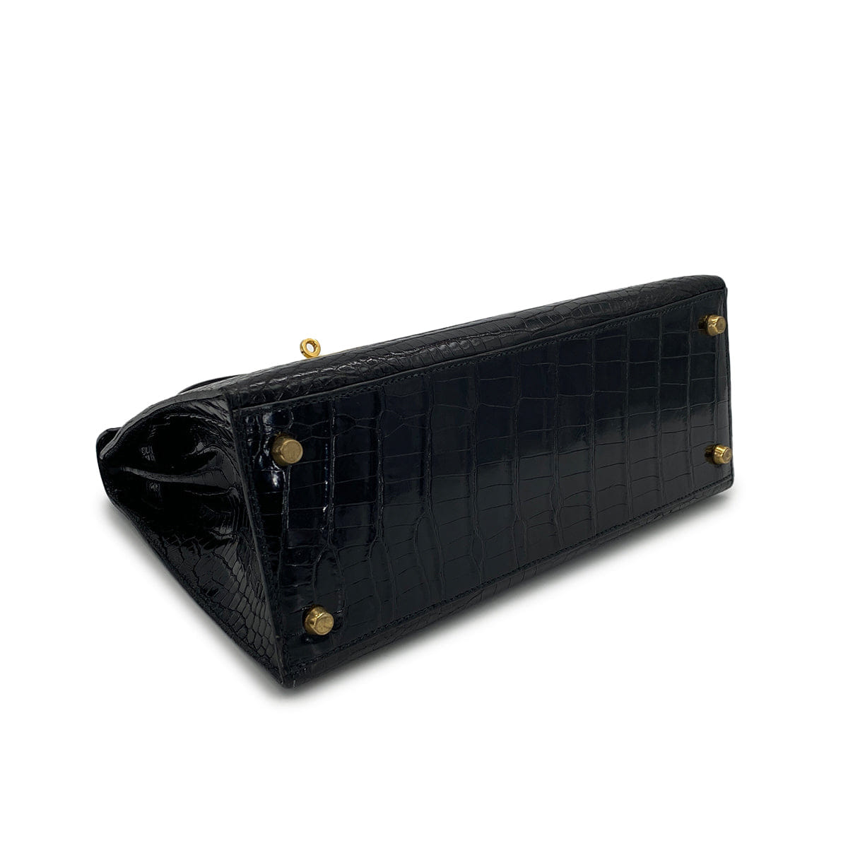 HERMES KELLY 28 BLACK POROSUS CROCODILE HAND SHOULDER BAG 1993 CIRCLE W GOLD HARDWARE 90321000