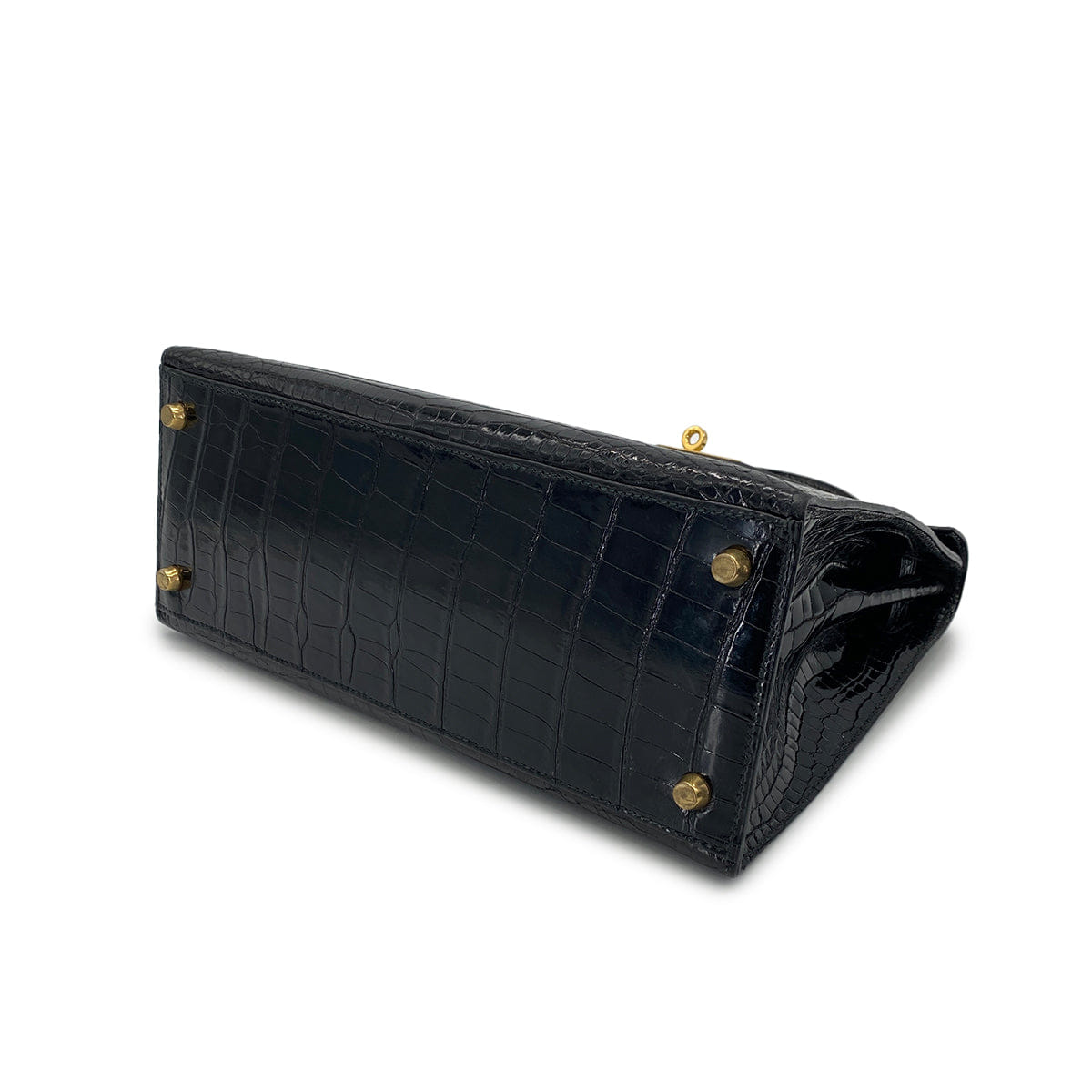 HERMES KELLY 28 BLACK POROSUS CROCODILE HAND SHOULDER BAG 1993 CIRCLE W GOLD HARDWARE 90321000