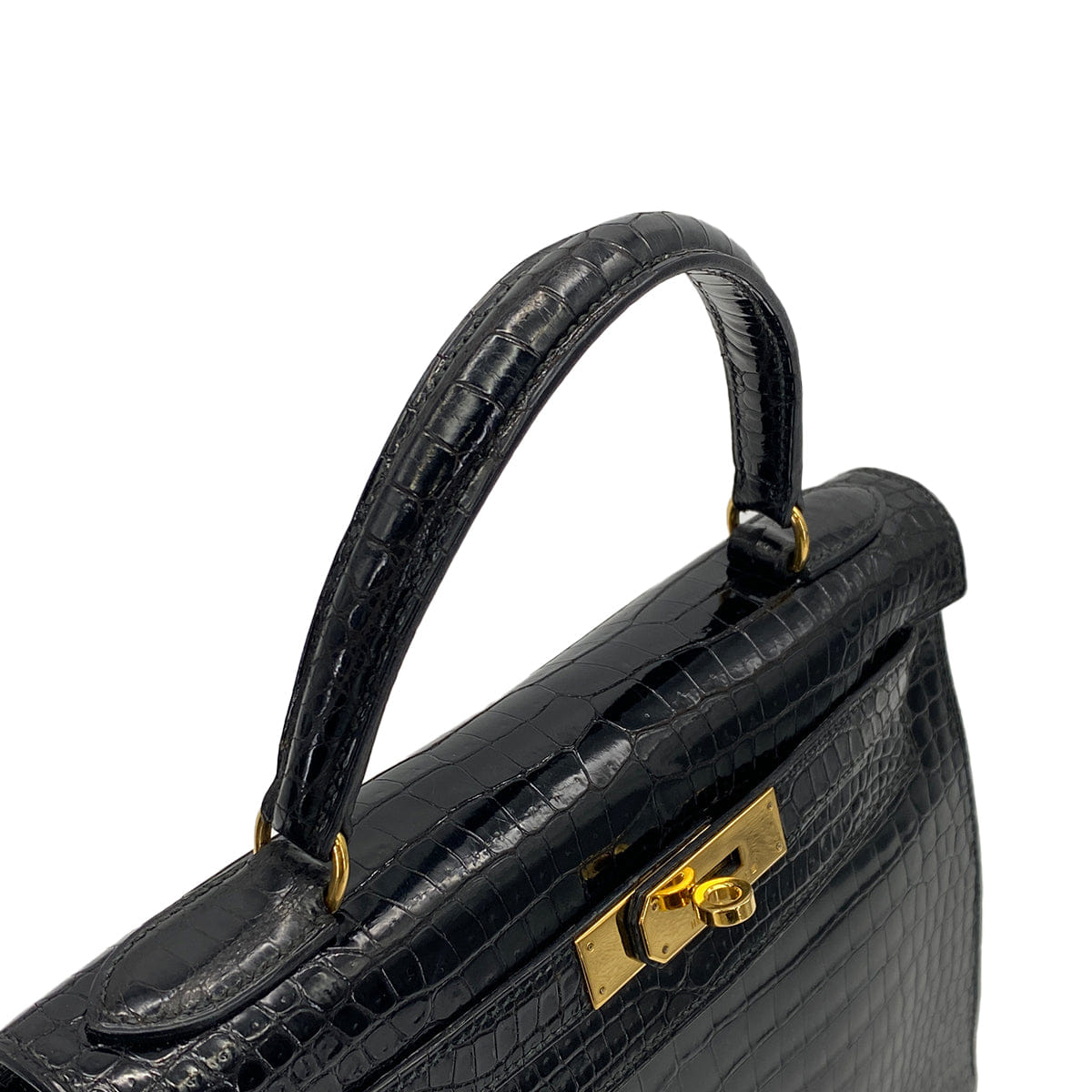 HERMES KELLY 28 BLACK POROSUS CROCODILE HAND SHOULDER BAG 1993 CIRCLE W GOLD HARDWARE 90321000