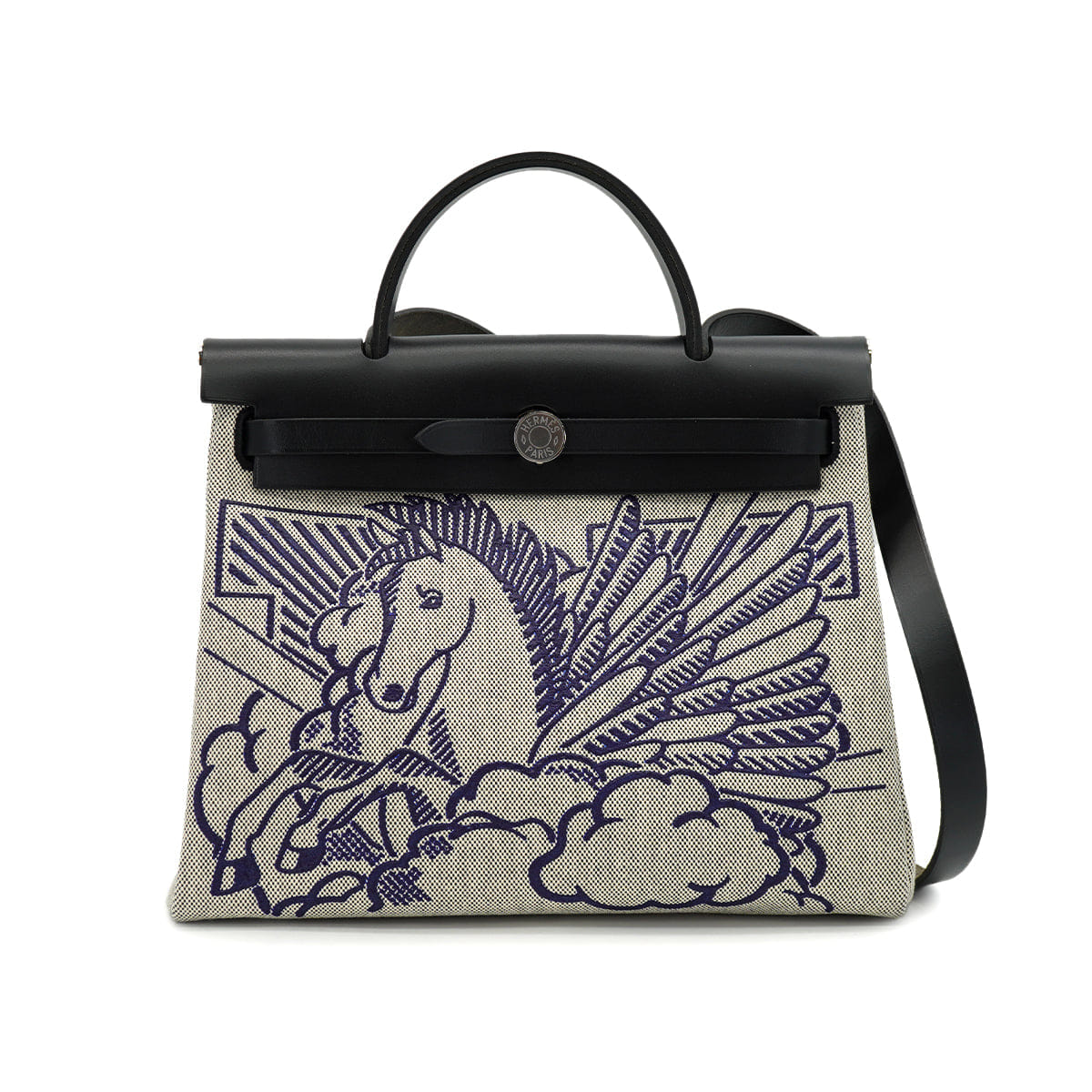 HERMES HER BAG ZIP 31 PM PEGASE POP BLUE INDIGO NOIR TOILE H VACHE HUNTER TOTE BAG 2019 D STAMP 90331286