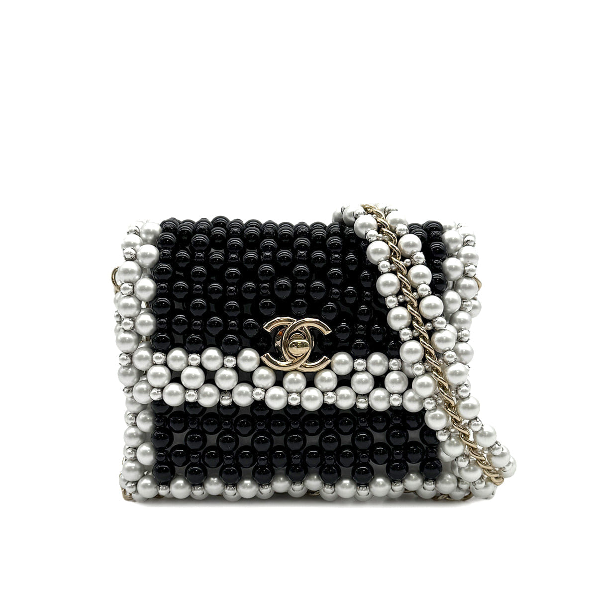 CHANEL FAUX PEARL CHAIN SHOULDER BAG WHITE BLACK GOLD HARDWARE 90317003