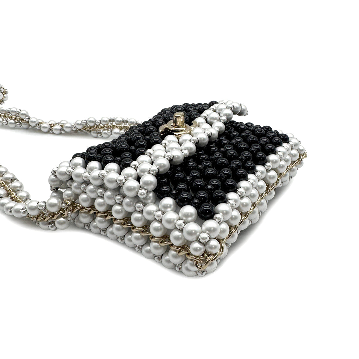 CHANEL FAUX PEARL CHAIN SHOULDER BAG WHITE BLACK GOLD HARDWARE 90317003