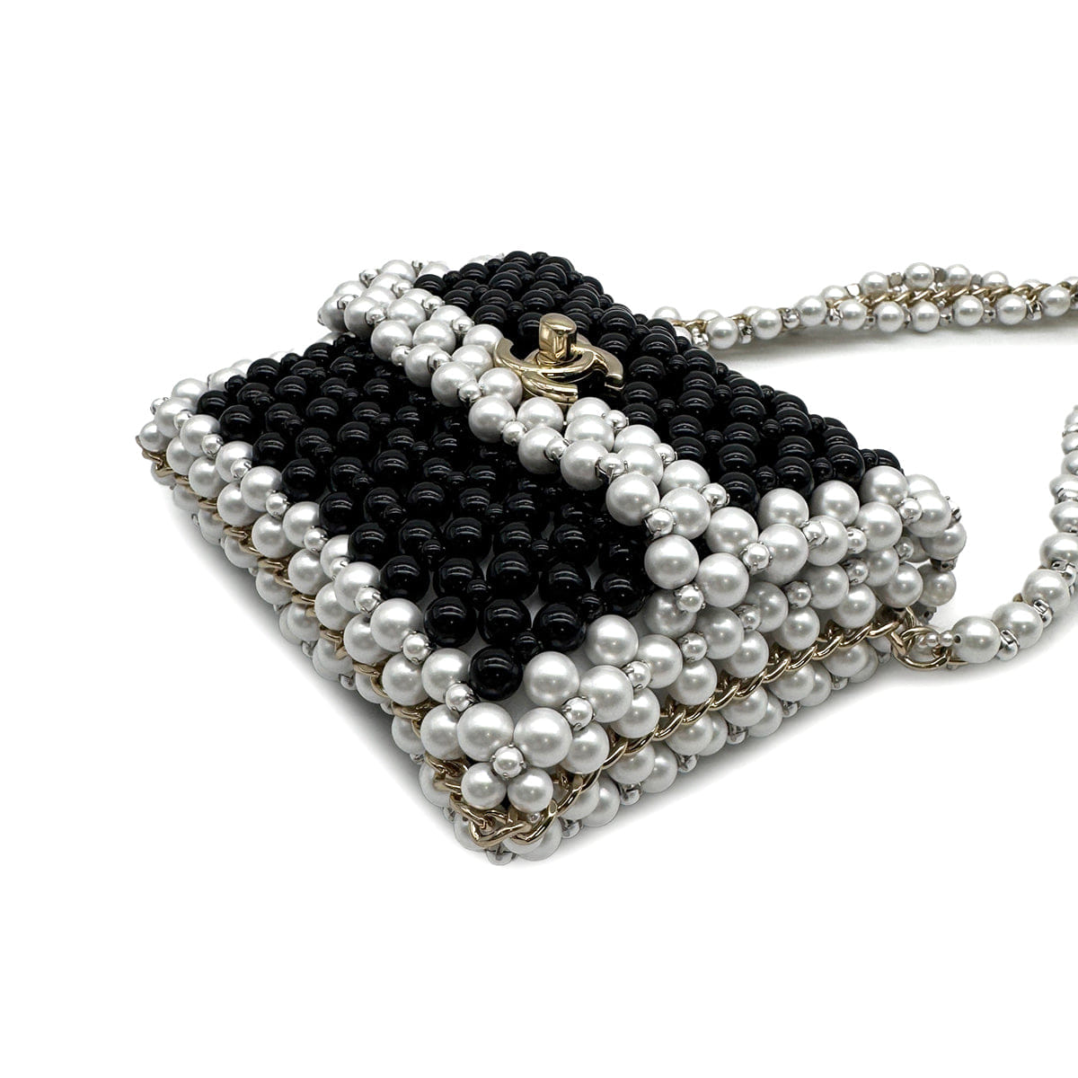 CHANEL FAUX PEARL CHAIN SHOULDER BAG WHITE BLACK GOLD HARDWARE 90317003