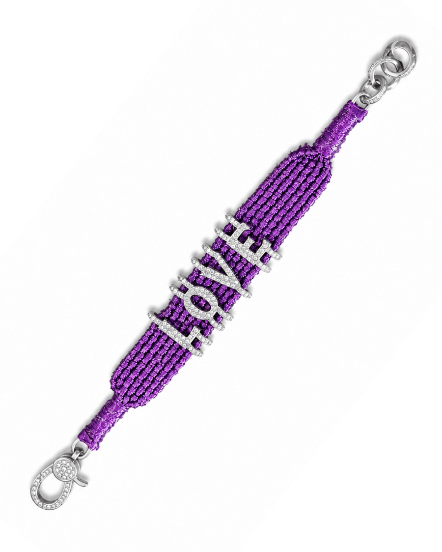 House Of Chatterjee LOVE Diamond-encrusted Sterling Silver Friendship Bracelet in Purple Thread