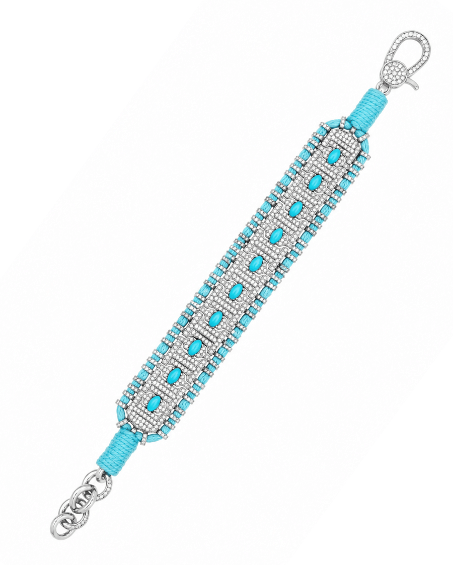 House Of Chatterjee Diamond-encrusted Sterling Silver Friendship Bracelet with Turquoise Oval Cabochon Stones in Sky Blue Thread