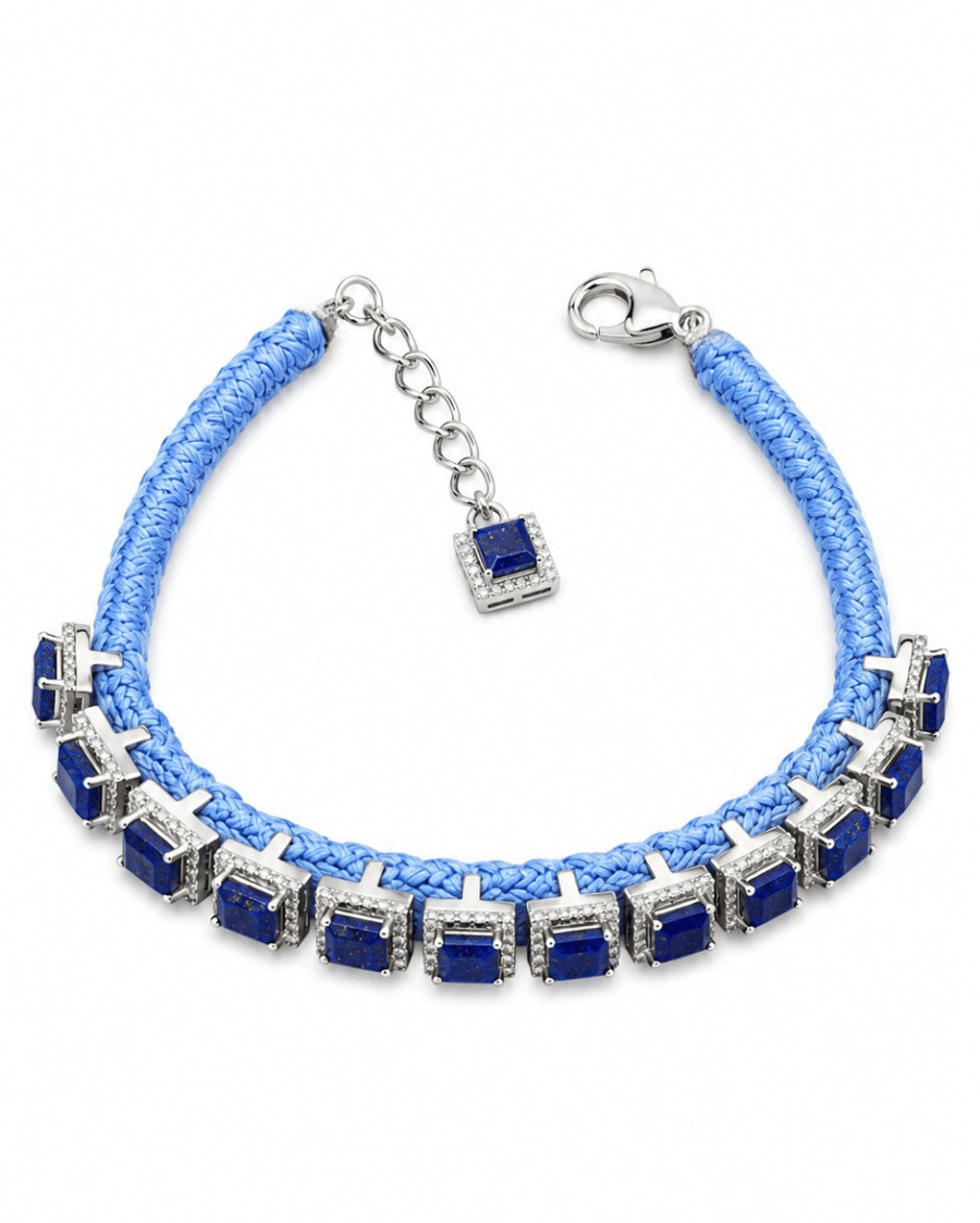 Sanjeeta HOC Diamond-encrusted Sterling Silver Friendship Bracelet with Sapphire Stones in Baby Blue Thread