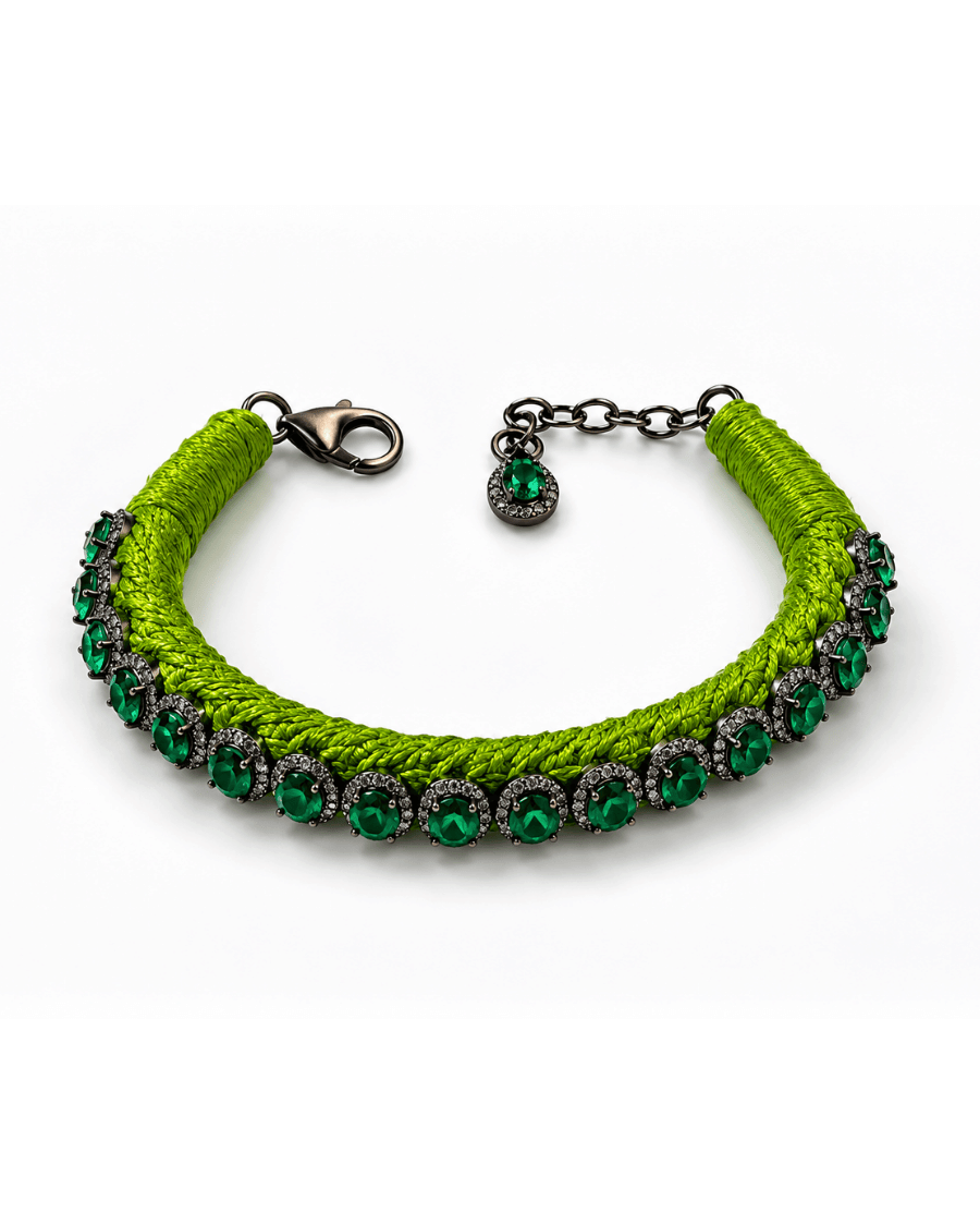 Sanjeeta HOC Diamond-encrusted Sterling Silver Friendship Bracelet with Emeralds in Light Green Thread