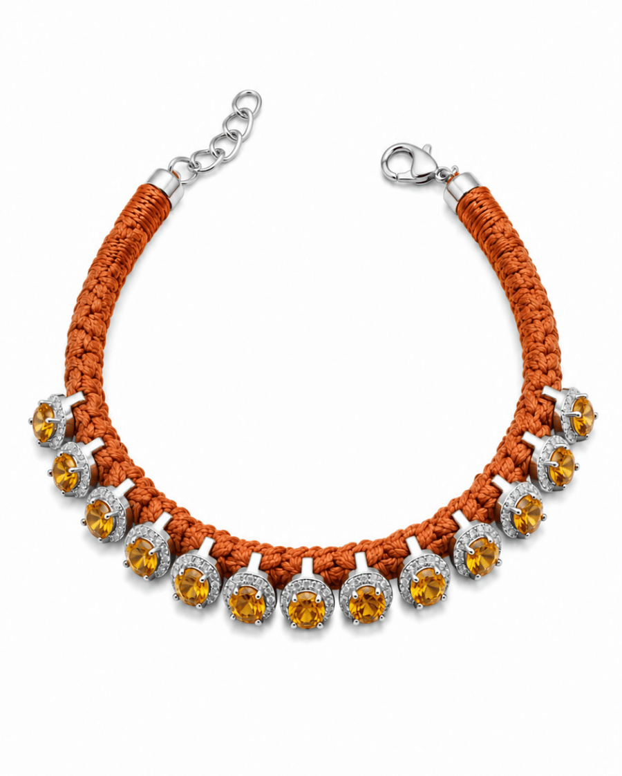 Sanjeeta HOC Diamond-encrusted Sterling Silver Friendship Bracelet with Citrine Stones in Terracota Thread
