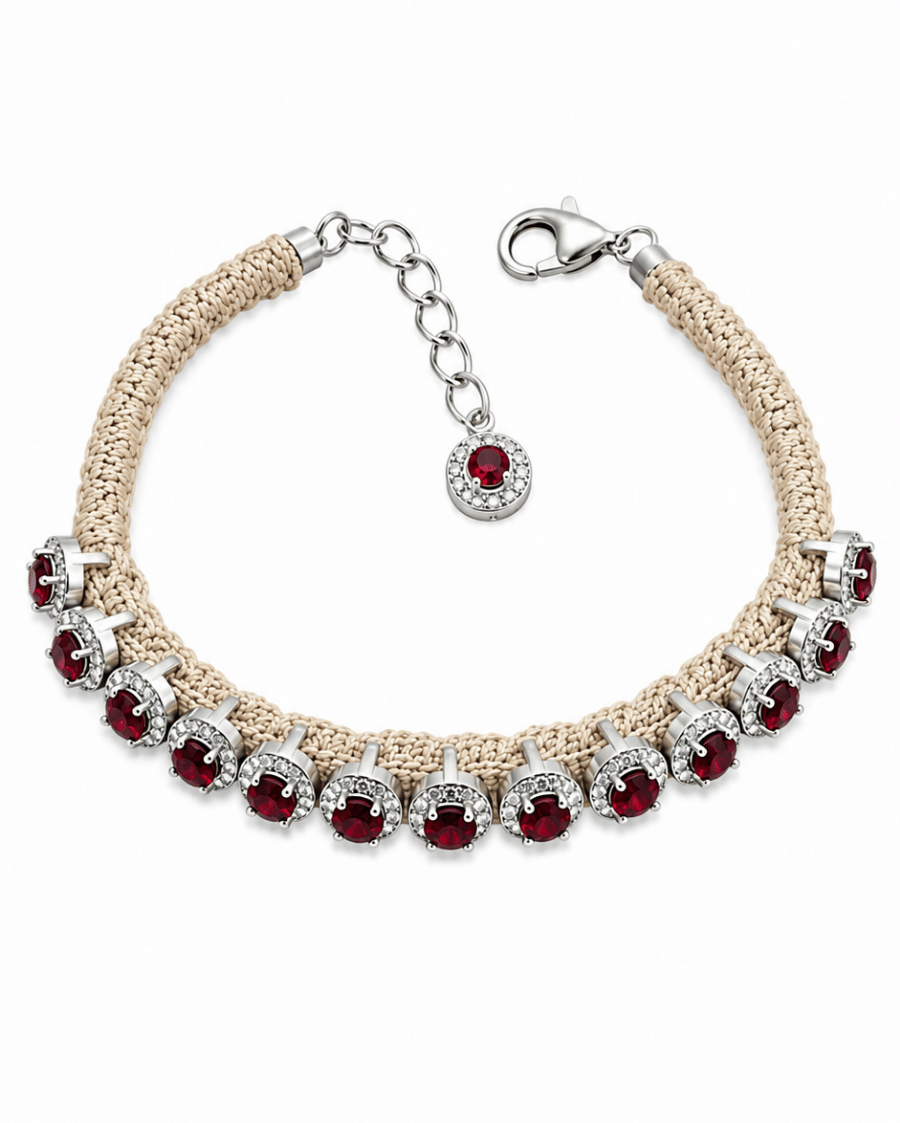 Sanjeeta HOC Diamond-encrusted Sterling Silver Friendship Bracelet with Garnet Stones in Beige Thread