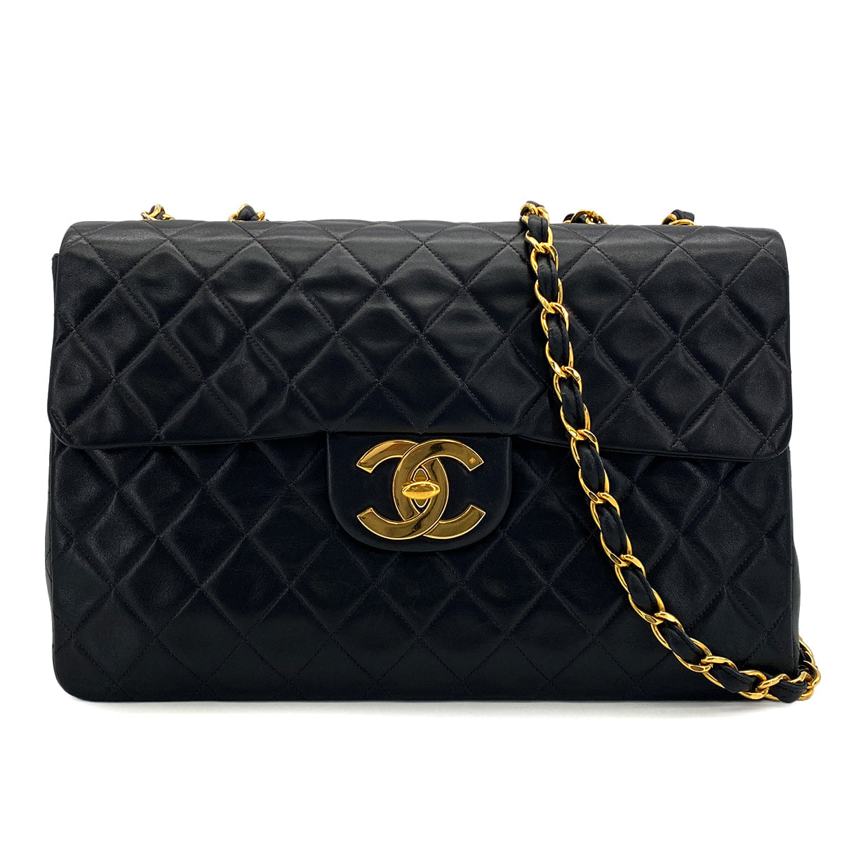 PURPOSE VINTAGE CHANEL MAXI MATELASSE 34 CHAIN SHOULDER BAG BLACK LAMB SKIN GOLD HARDWARE 90325642