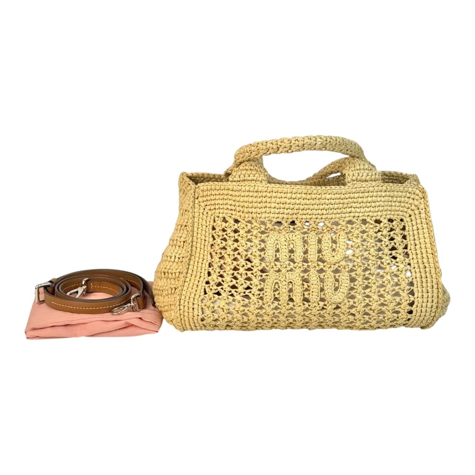 Miu Miu Miumiu Neutral Raffia Crochet Tote Bag
