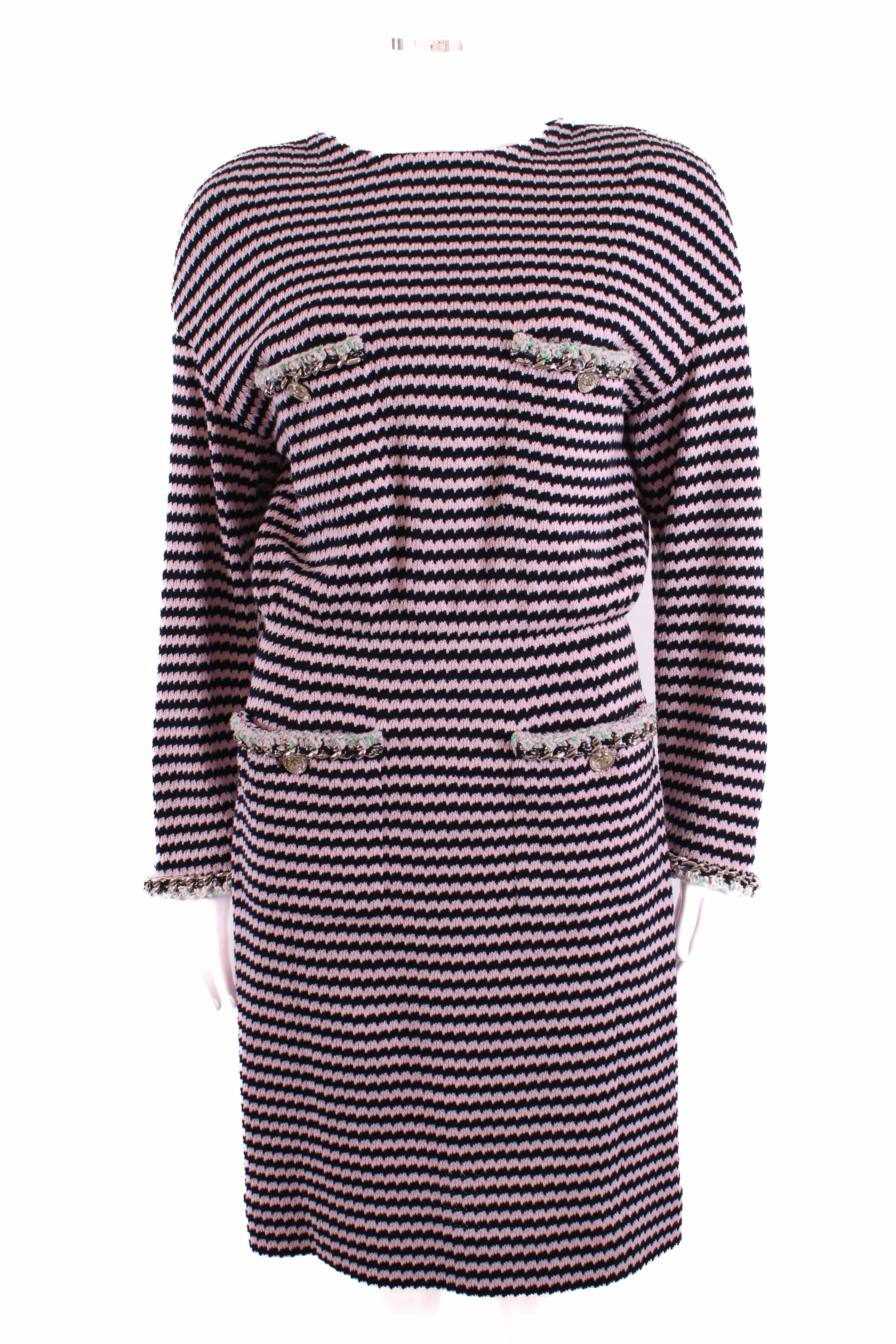 Chanel Knitted Dress with Chain Pocket Pink & Navy Stripe 38