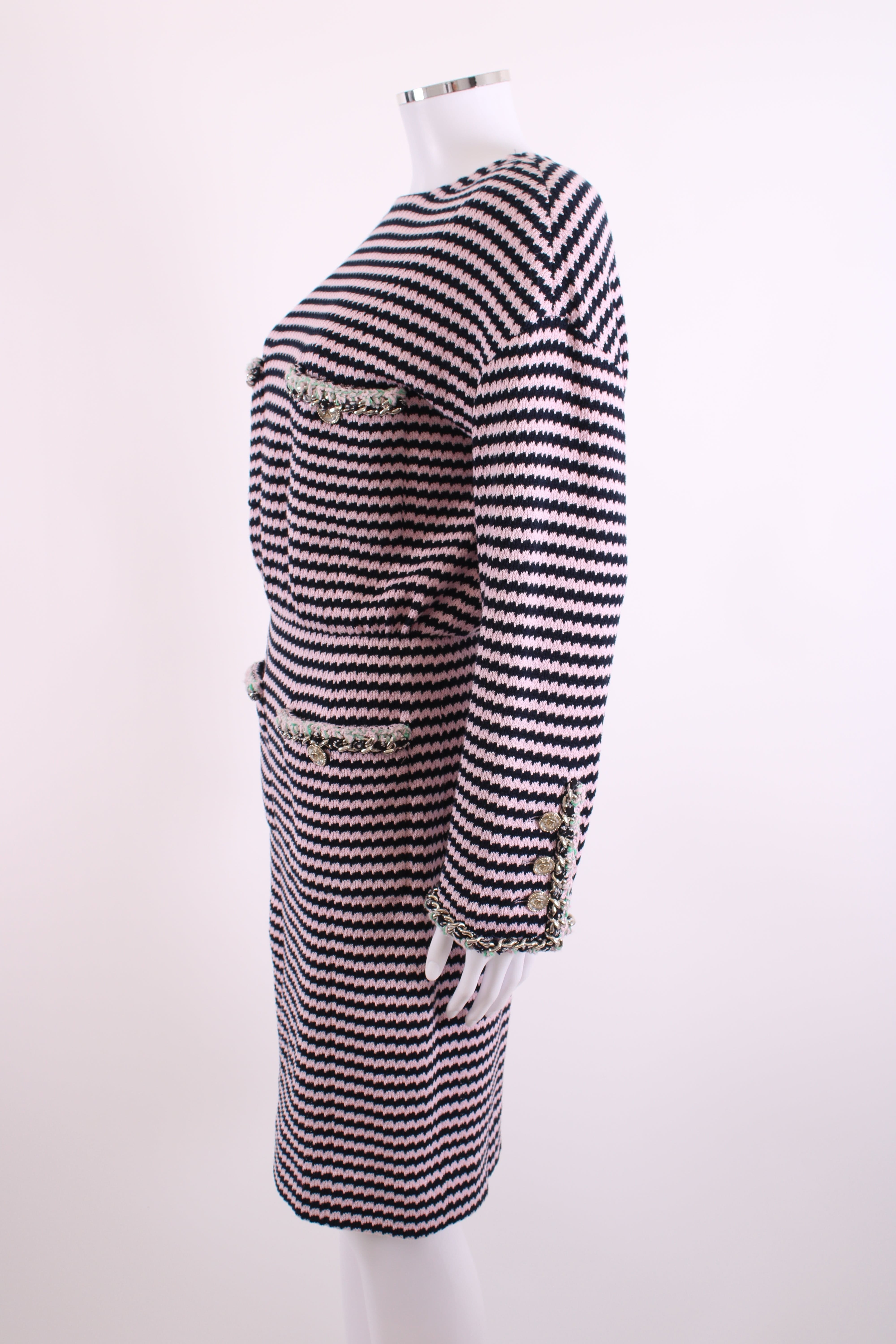 Chanel Knitted Dress with Chain Pocket Pink & Navy Stripe 38