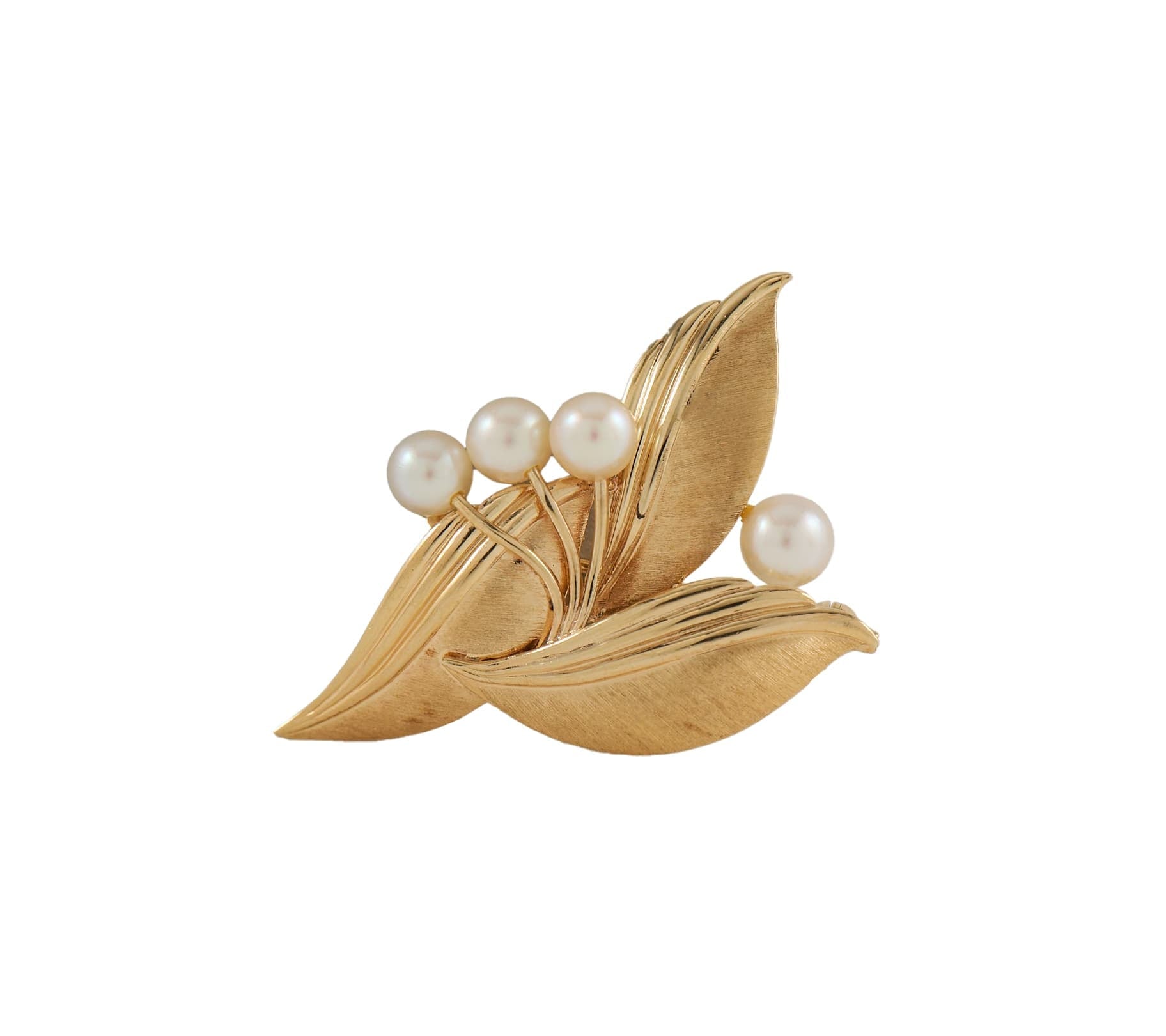 Mikimoto Pearl Linen Finish Leaf Brooch in 14K W/Box