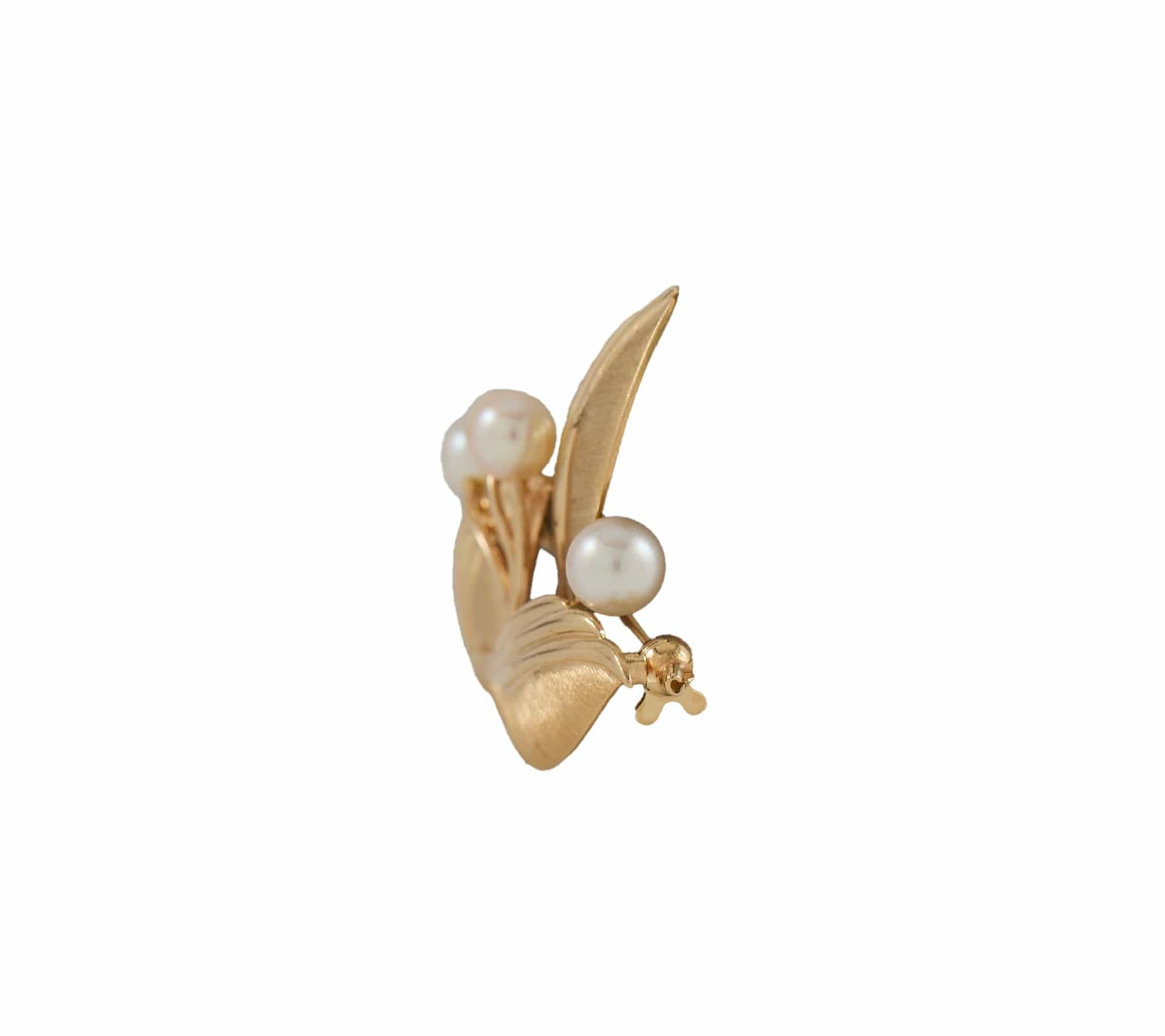Mikimoto Pearl Linen Finish Leaf Brooch in 14K W/Box