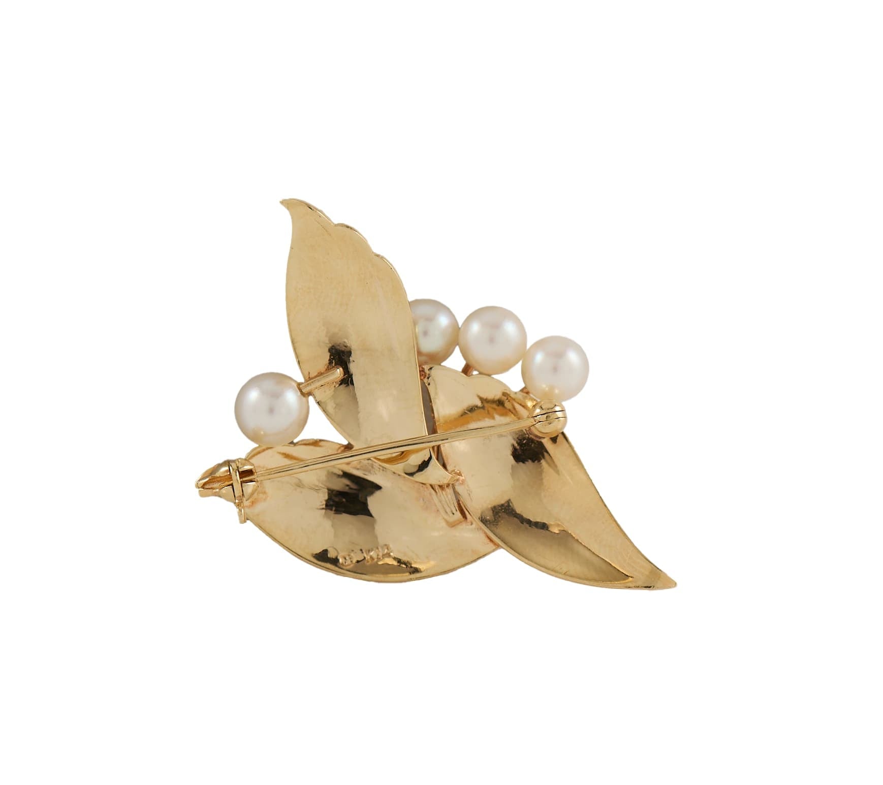 Mikimoto Pearl Linen Finish Leaf Brooch in 14K W/Box