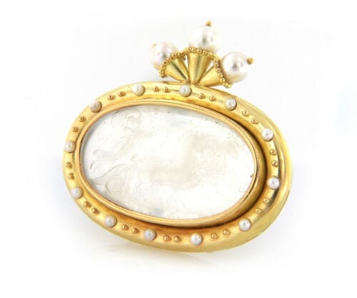 Elizabeth Locke Cultured Pearl and Mother of Pearl Intaglio Brooch in 18K