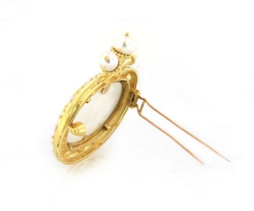 Elizabeth Locke Cultured Pearl and Mother of Pearl Intaglio Brooch in 18K