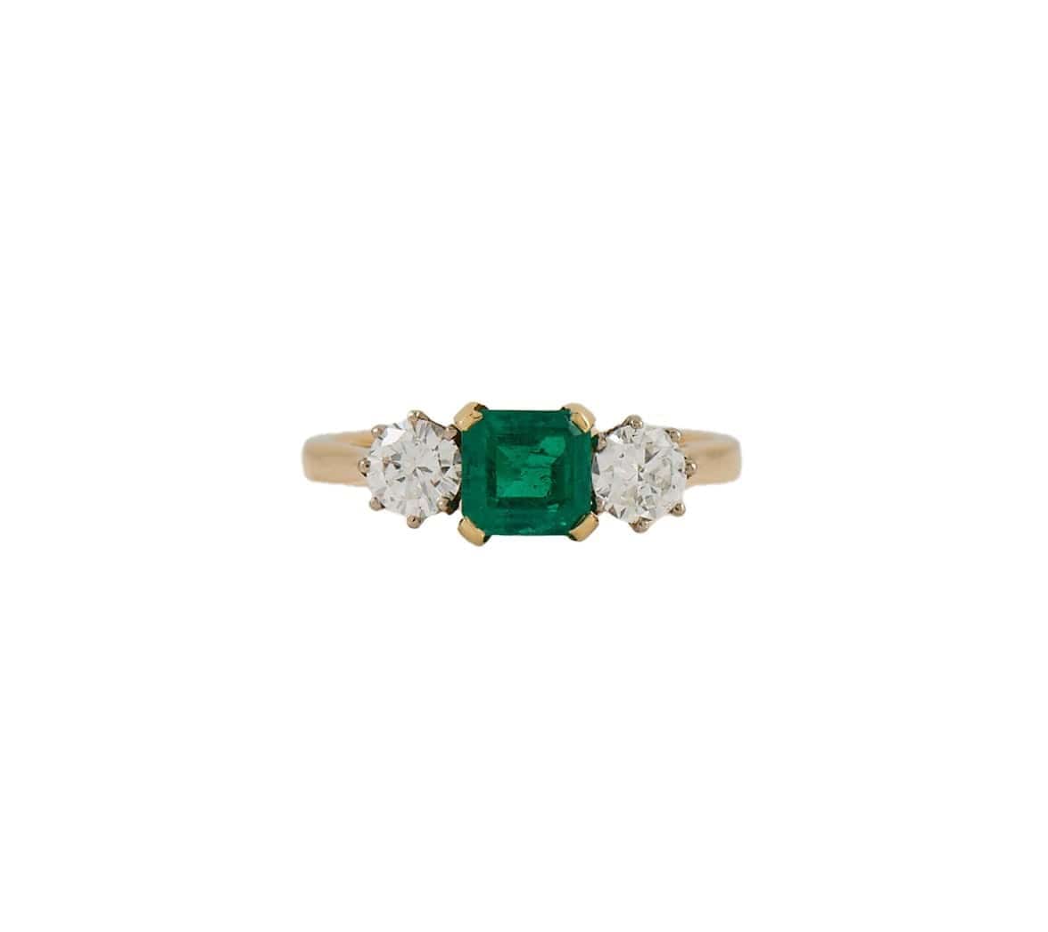 Garrard 1986 London 0.81ct Emerald & 0.32ctw Diamond Three Stone Ring 18K W/Box
