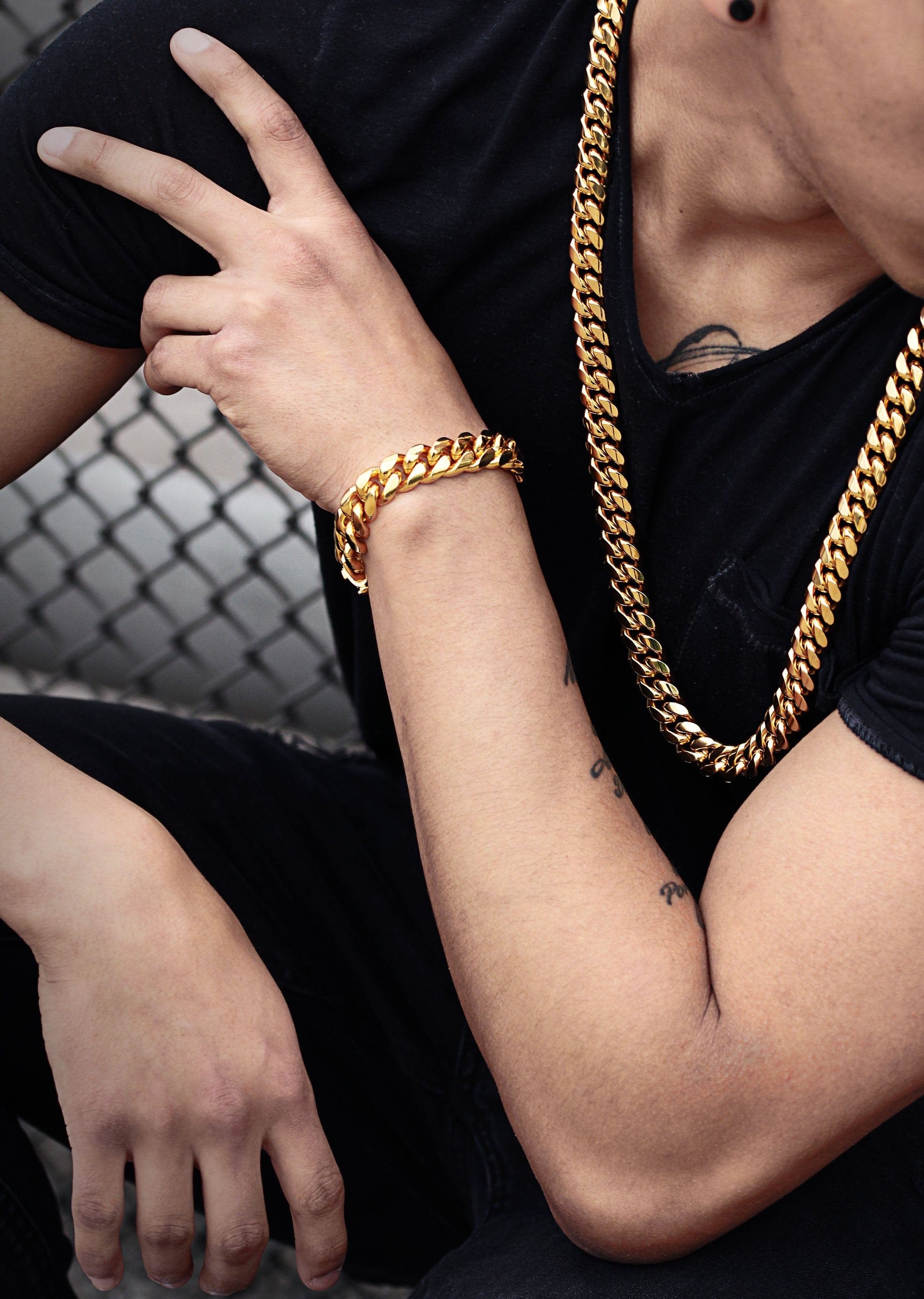 manufacturer 30 Solid Gold Plated Miami Cuban Link Chain & Bracelet ( 14 Mm )