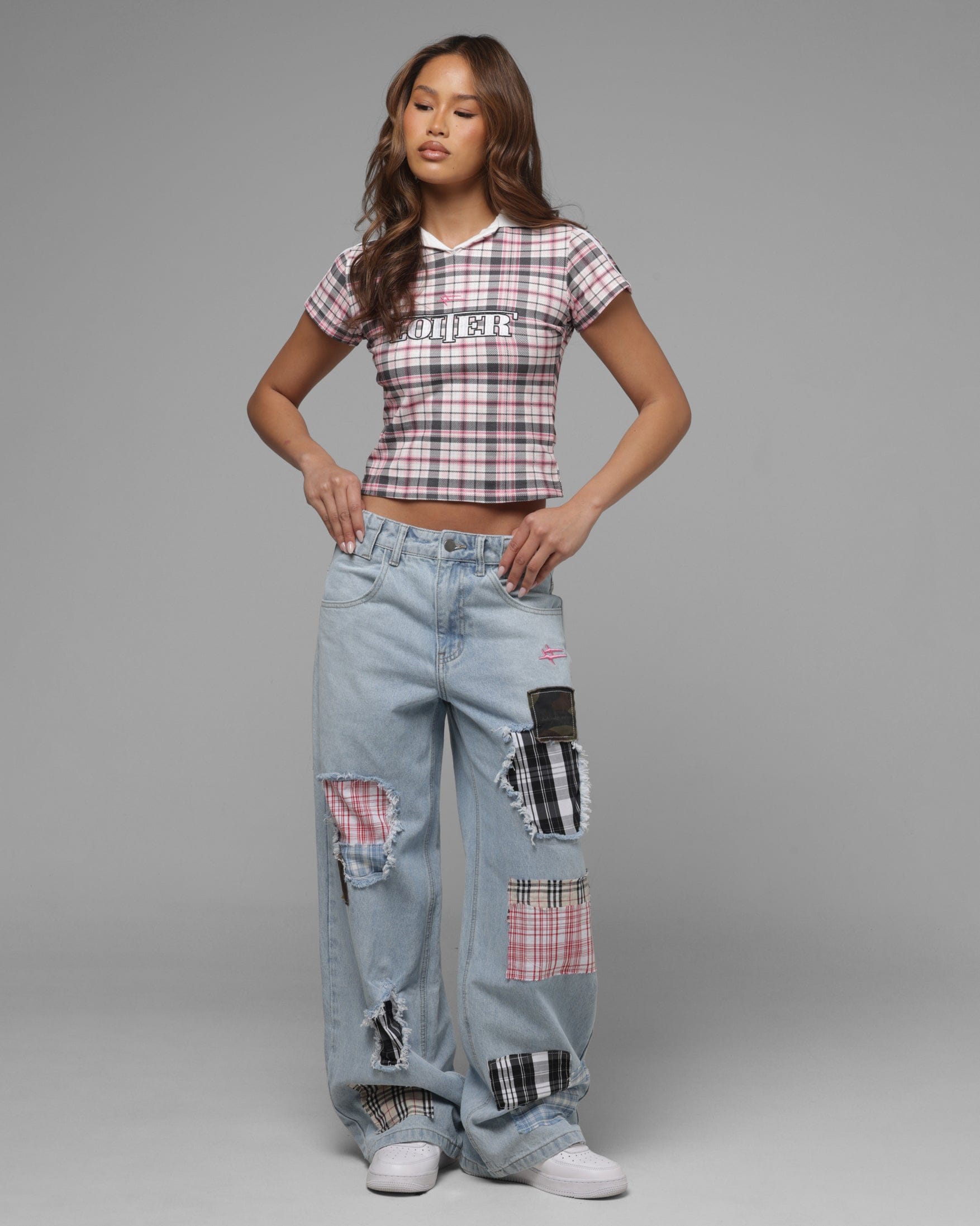 Loiter Women's Unity Crop T-Shirt Pink Plaid