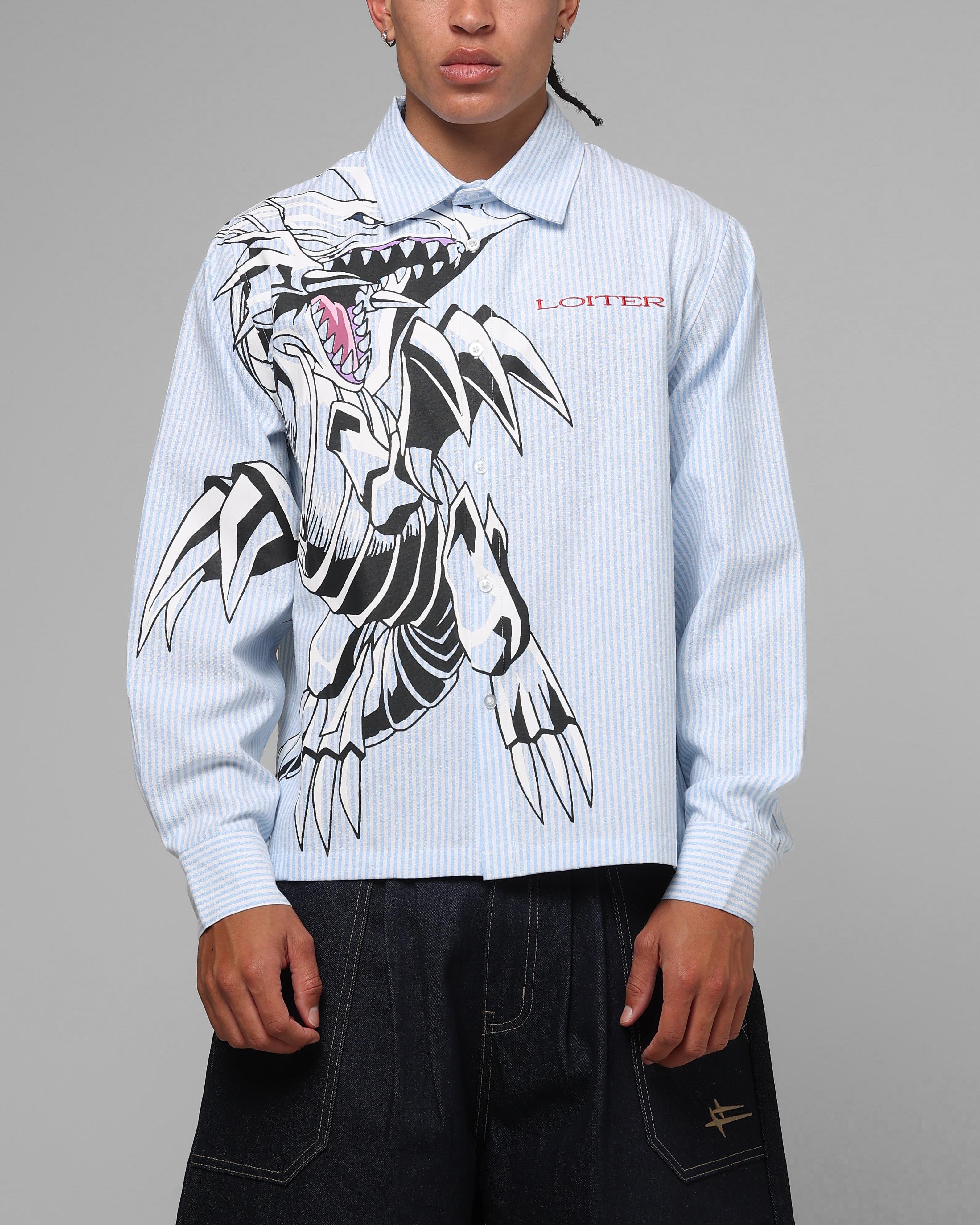 Loiter x Yu-Gi-Oh! Blue Eyes Button Up Shirt Blue Stripe