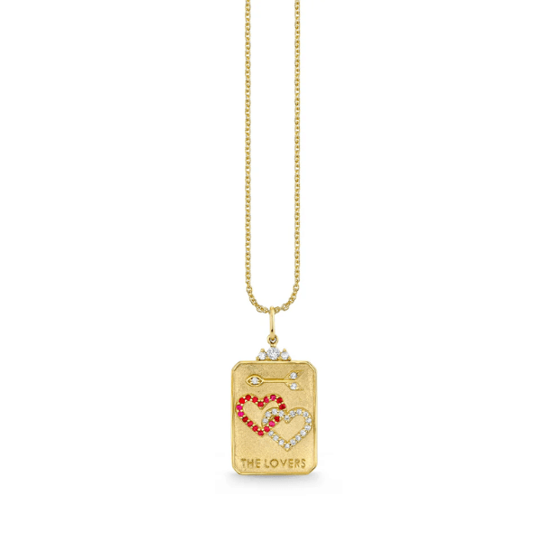 Sydney Evan 14k Yellow Gold & Diamond Ruby Lovers Tarot Card Necklace